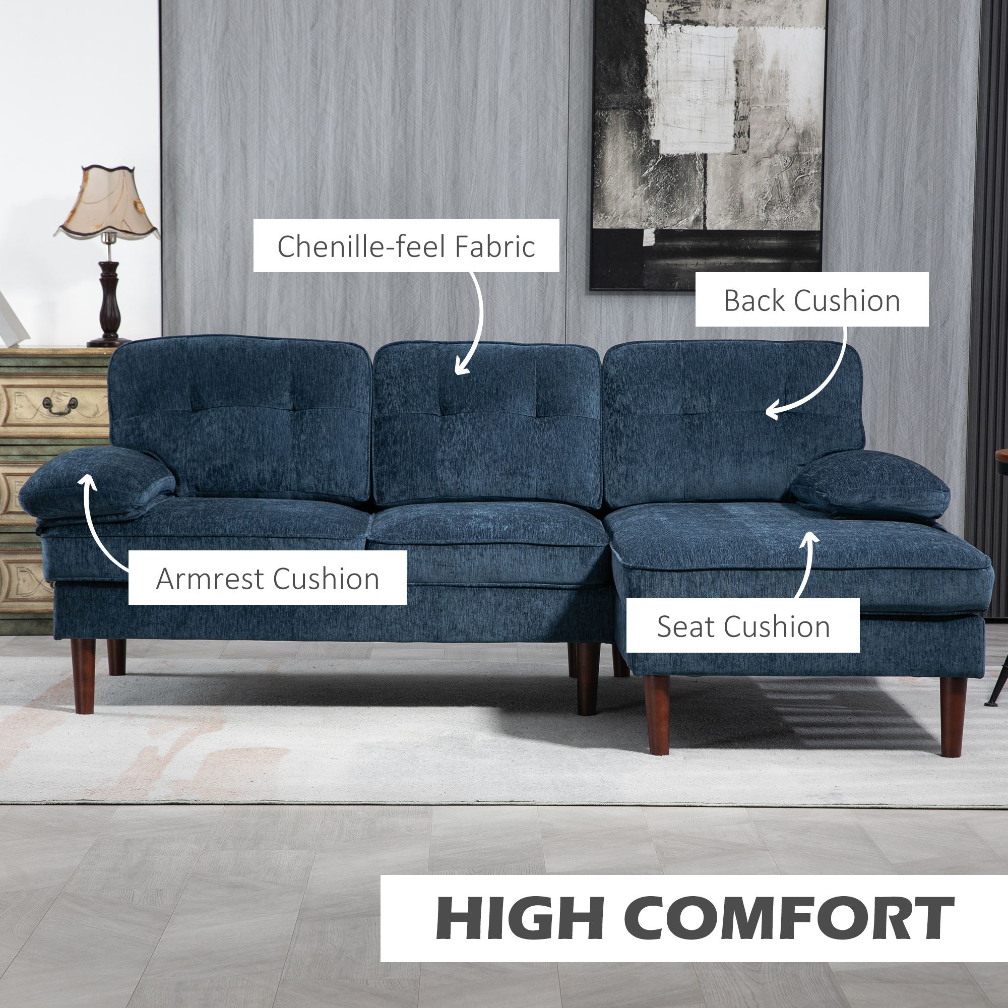 Modern Corner Couch with Right Chaise Lounge, Tufted 3-Seater Sofa with Wooden Legs for Living Room, Navy Blue - Image 3