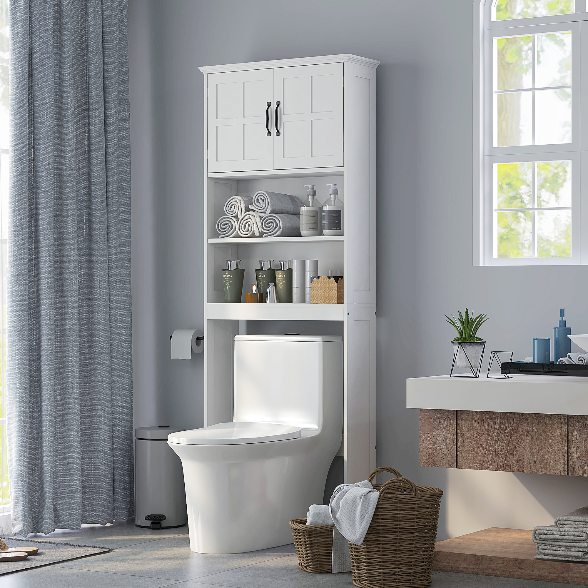 Modern Over The Toilet Storage, Bathroom Cabinets Over Toilet with Open Shelves and Double Door Cabinet, White - Image 6