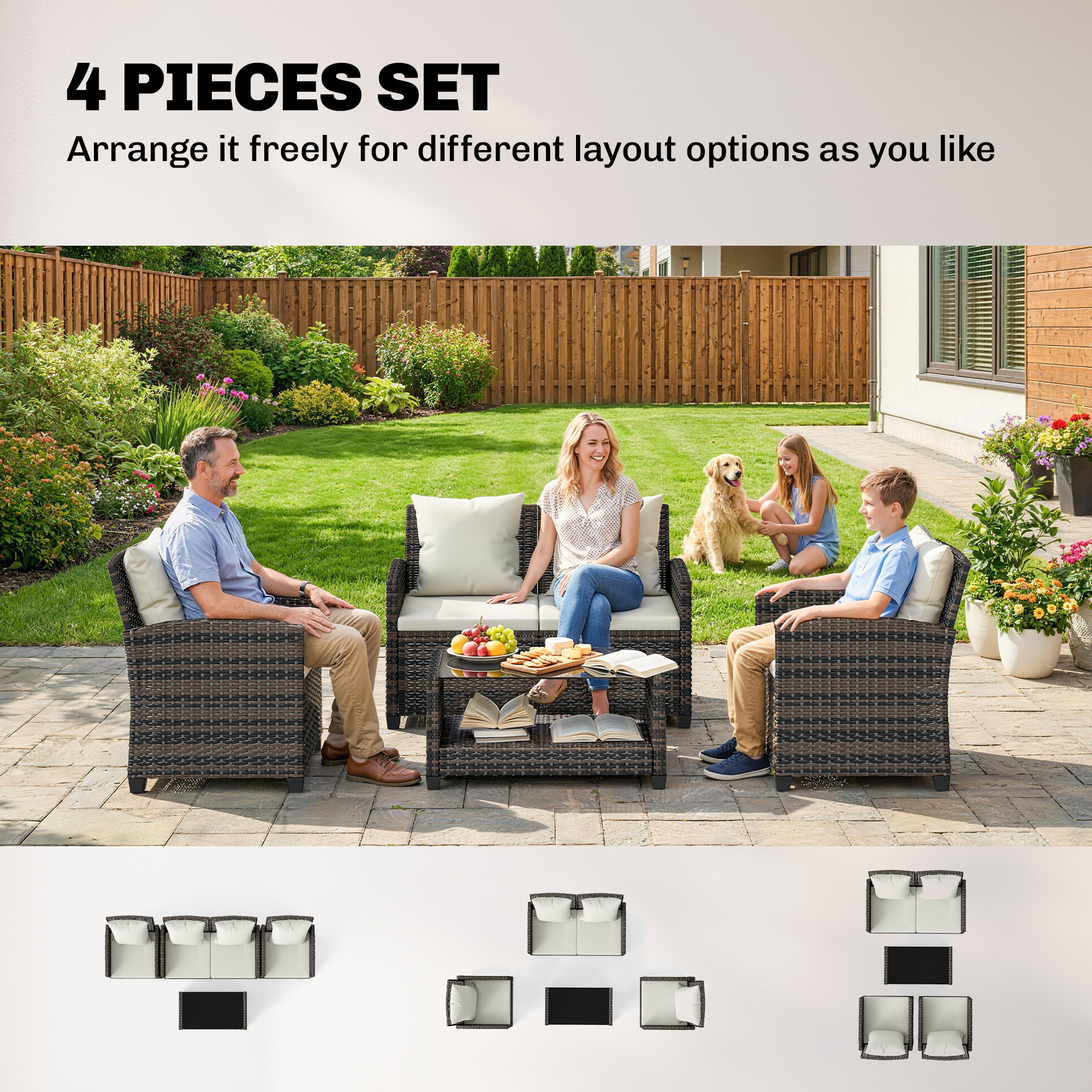 4-Piece Outdoor Wicker Patio Furniture Conversation Set, Includes Loveseat, Chairs and 2-Tier Table with Cushions, Modern Rattan Sofa Set for Backyard, Beige - Image 2