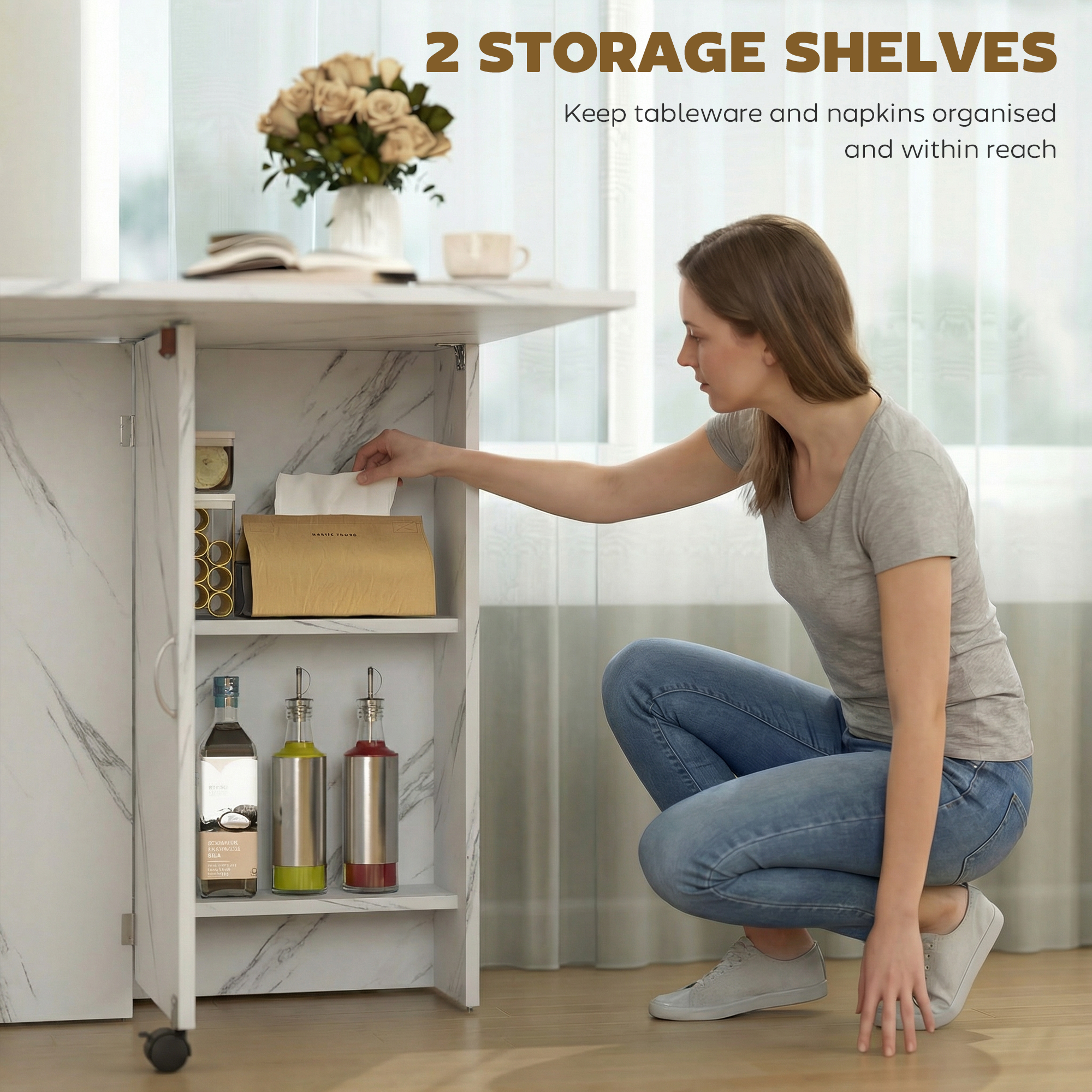Extendable Dining Table, Collapsible Folding Table with 2-tier Shelves and Rolling Casters, Marble White - Image 3