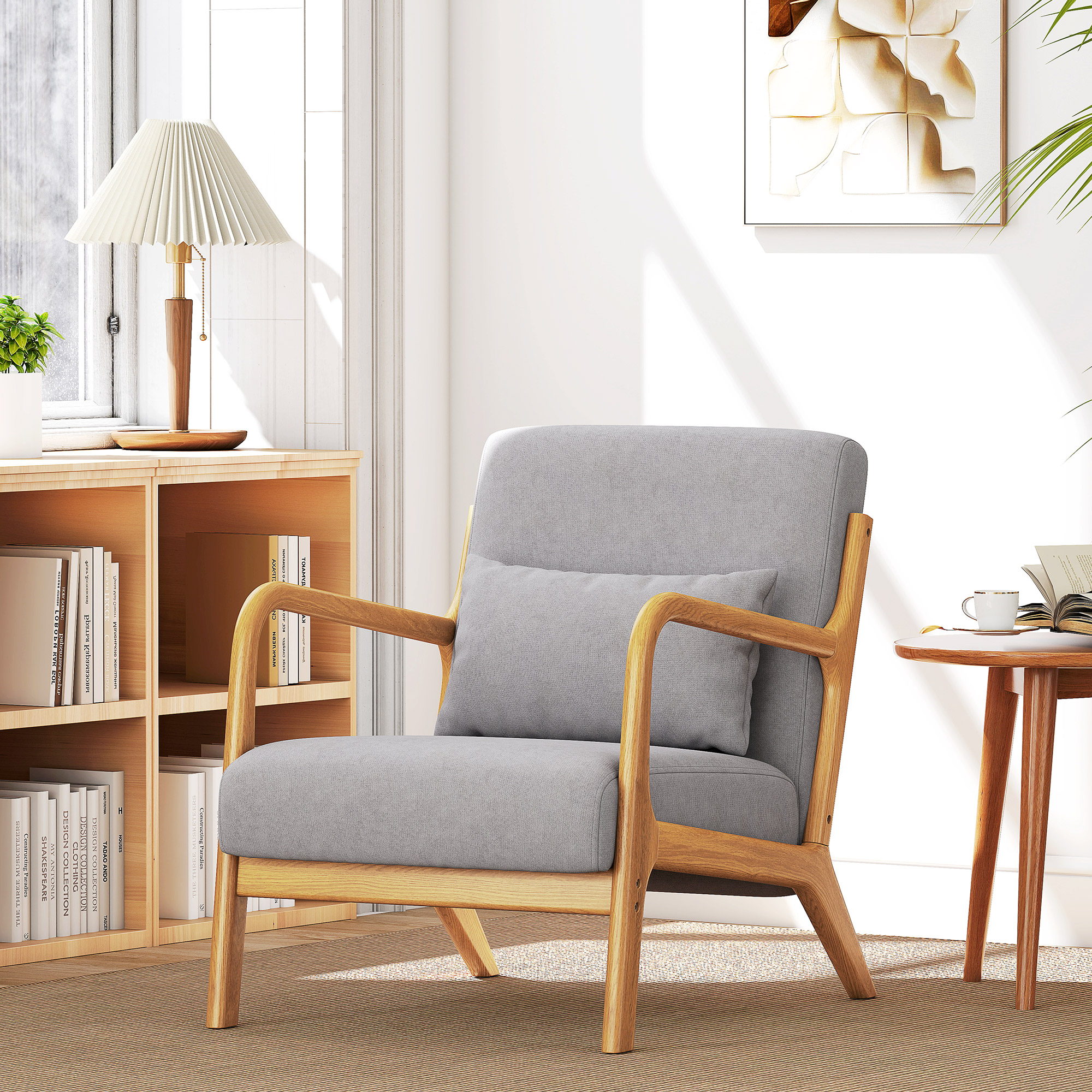 Fabric Lounge Chair, Velvet Armchair, Retro Accent Chair with Wood Legs and Thick Padding for Bedroom, Grey - Image 6
