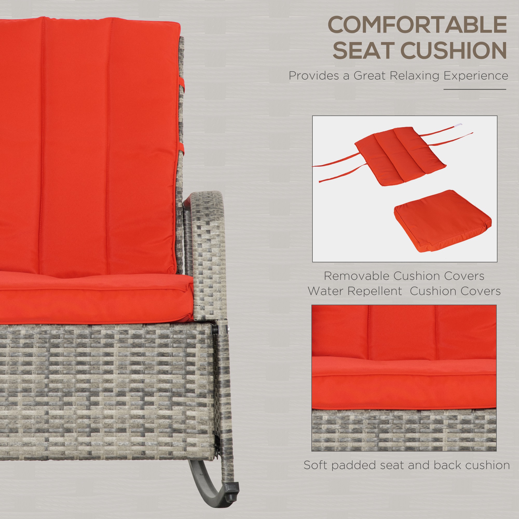 Outdoor Wicker Rocking Chair with Cushion, Patio PE Rattan Recliner Chair with Adjustable Footrest, Armrests, Red - Image 4
