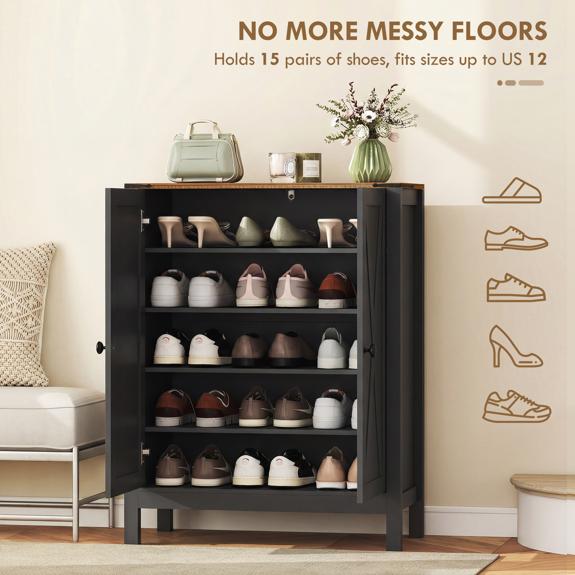 Shoe Cabinet with Barn Doors, Farmhouse Shoe Storage Cabinet with Adjustable Shelves, Holds up to 15 Pairs, Black - Image 3