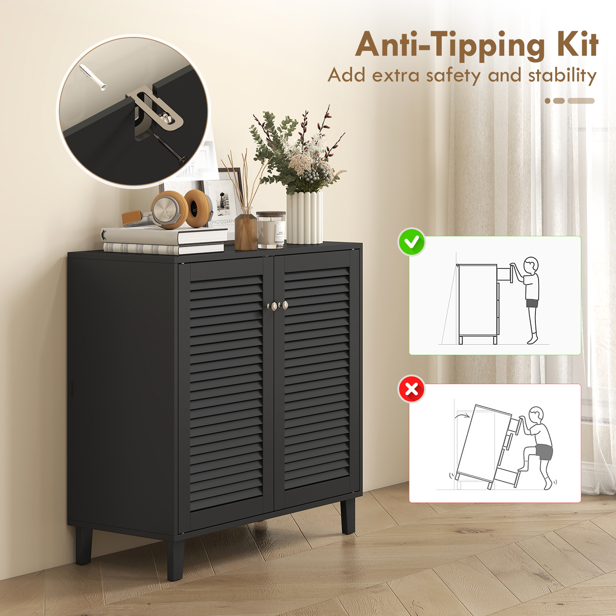 Shoe Cabinet with Adjustable Shelves Shoe Storage Cabinet with 2 Doors for Entryway Hallway Black - Image 5