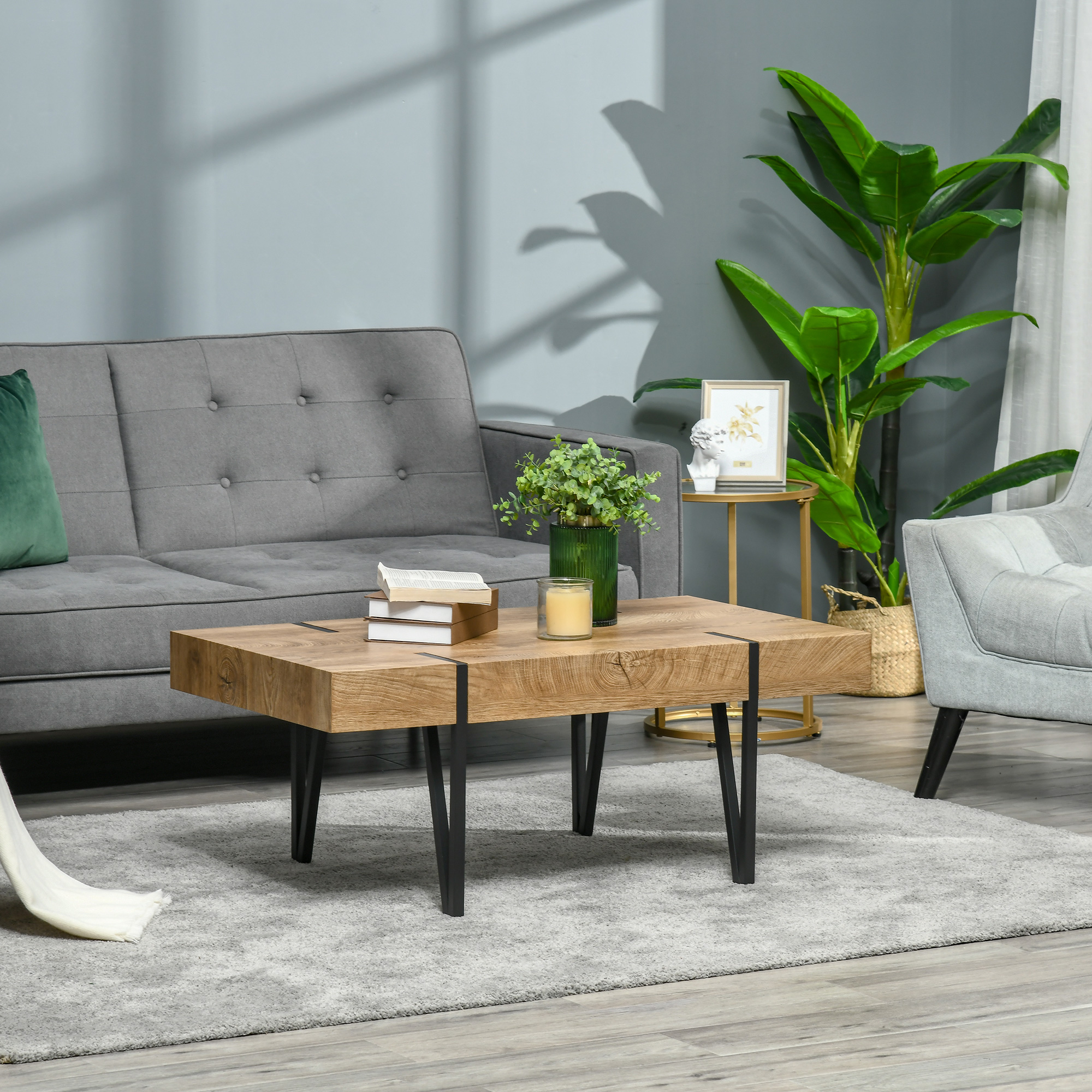 Rustic Coffee Table, Rectangle Nature Central Table with Steel Hairpin Legs for Living Room - Image 5