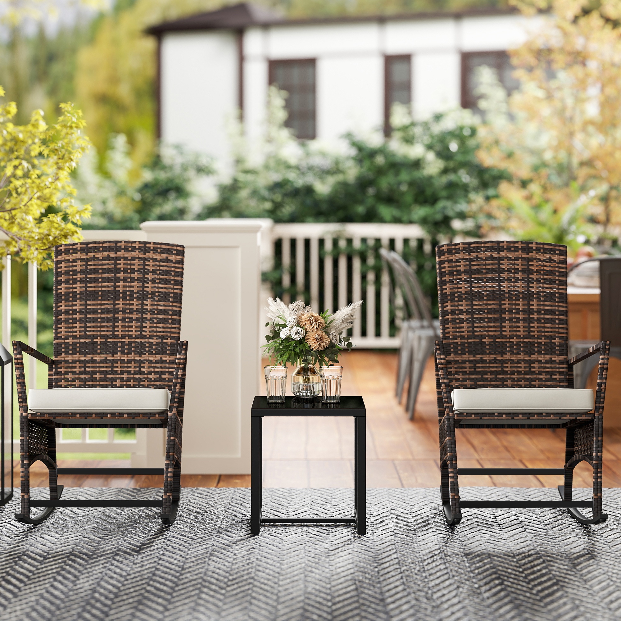 3 Piece Rocking Bistro Set, Wicker Patio Furniture with 3-Level Reclining High Back Rocking Chair and Glass Table, White - Image 6
