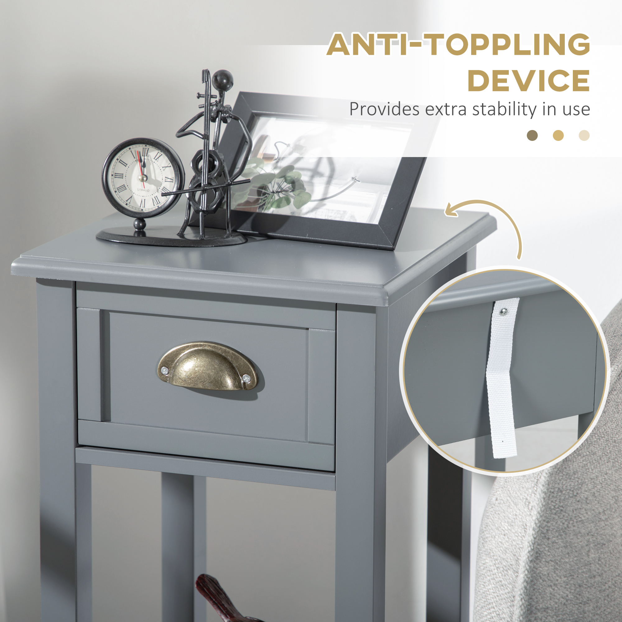 Bedside Table Set of 2, Narrow Side Table with Drawer and Shelf, 2 Tier Tall Nightstand for Bedroom, Grey - Image 5