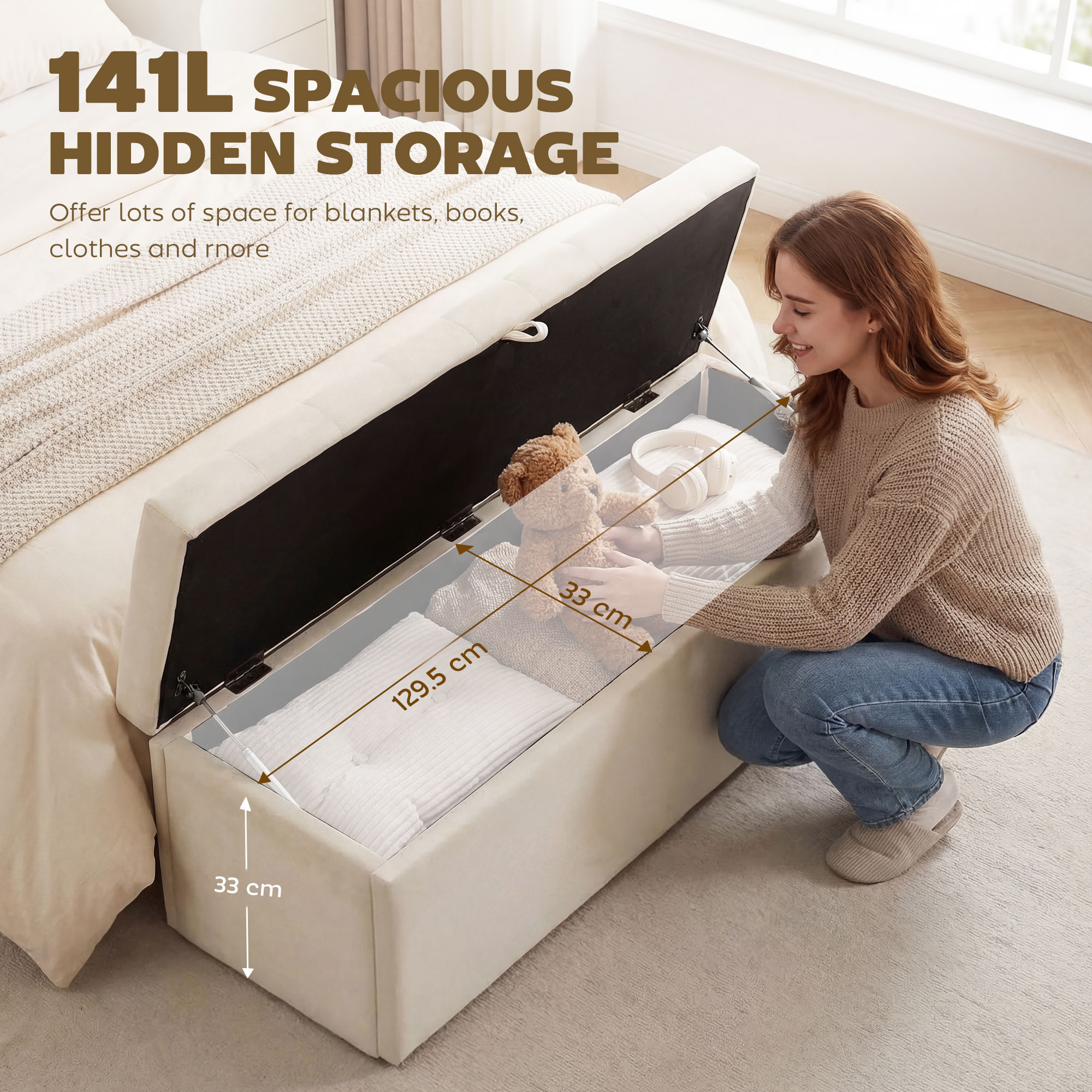 Storage Ottoman, Upholstered Velvet End of Bed Bench, Button Tufted Storage Bench for Bedroom, Living Room, Beige - Image 2