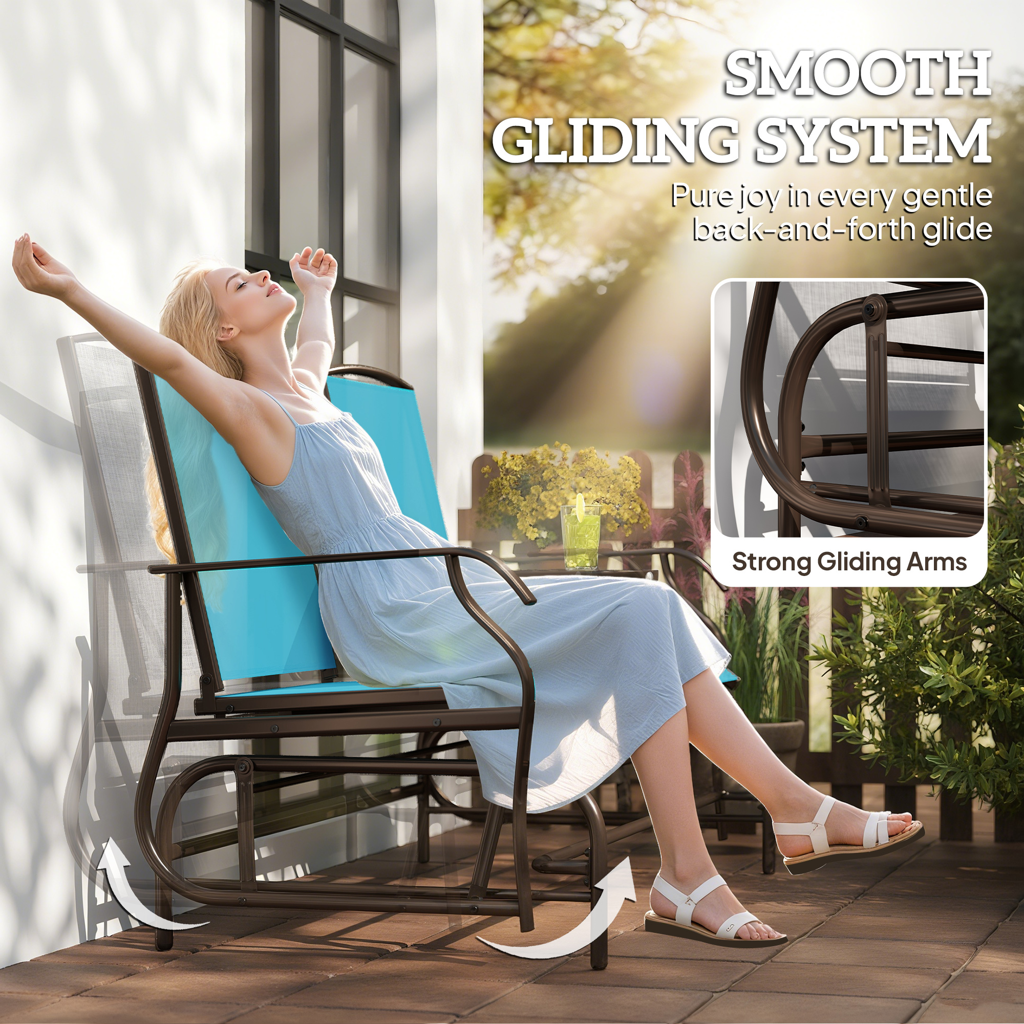 Patio Glider Rocking Chair 2 Person Outdoor Loveseat Rocker Garden Furniture Bench, Blue - Image 2