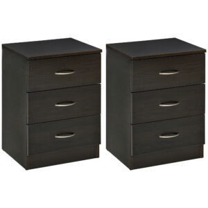 Bedside Table with 3 Drawers, Modern Wood Nightstand, Side Table with Anti-tipping Design for Bedroom, Set of 2, Dark Brown