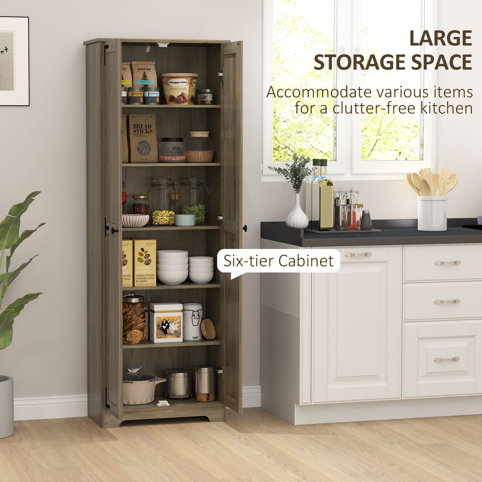 67" Farmhouse Pantry Cabinet with 2 Doors, Tall Storage Cabinet with Adjustable Shelves, Distressed Grey - Image 3