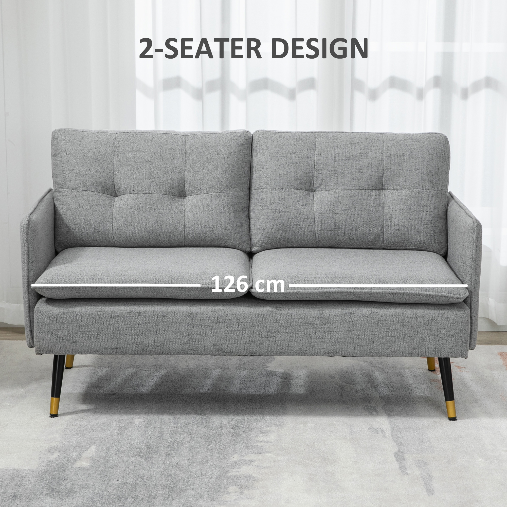 55" Loveseat Sofa, Linen Love Seat w/ S spring, Steel Legs and Button Tufting, Small Couch for Living Room, Grey - Image 4