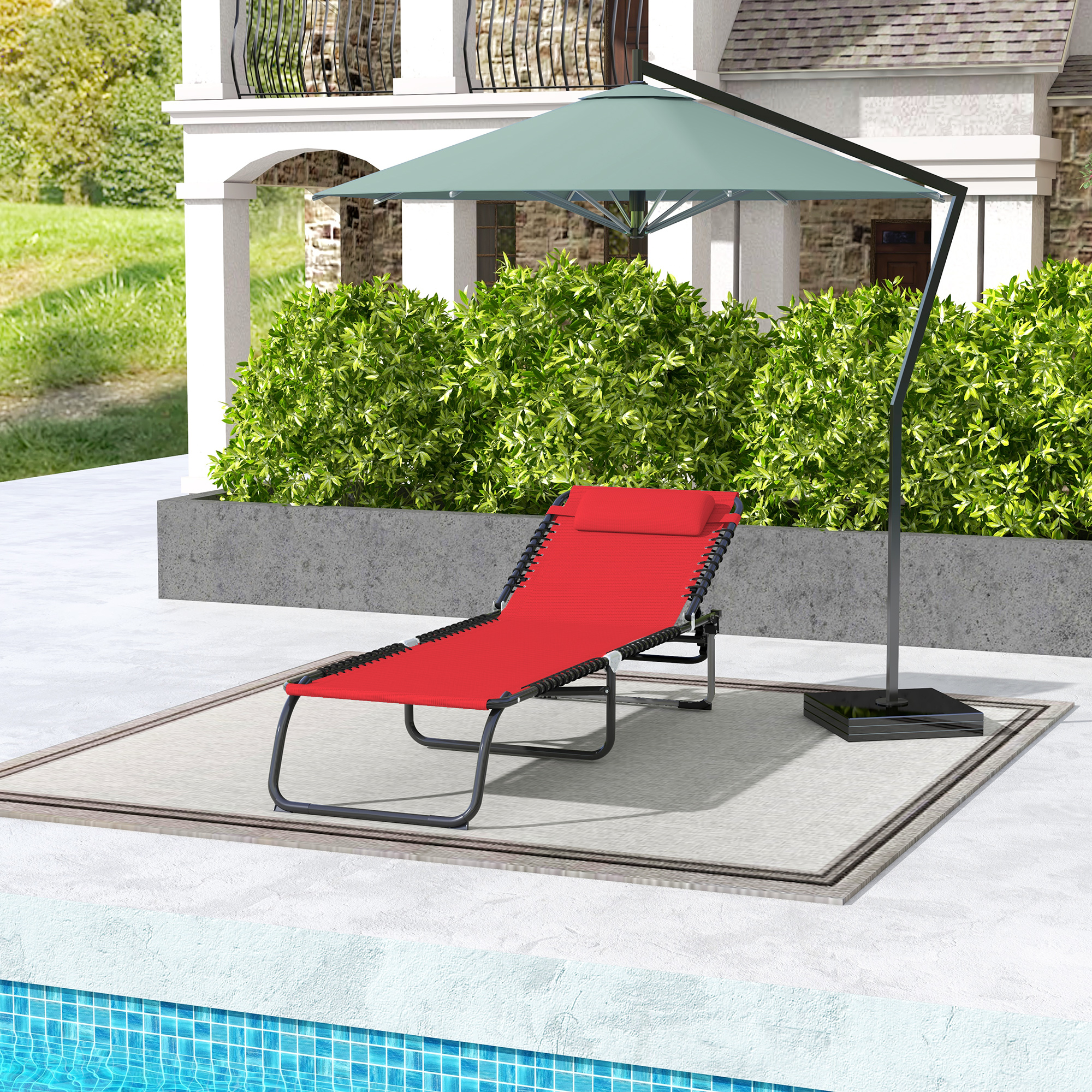 Outdoor Folding Lounge Chair, 4-Level Adjustable Chaise Lounge with Headrest, Tanning Chair Beach Bed Reclining Lounger Cot for Camping, Hiking, Backyard, Wine Red - Image 6