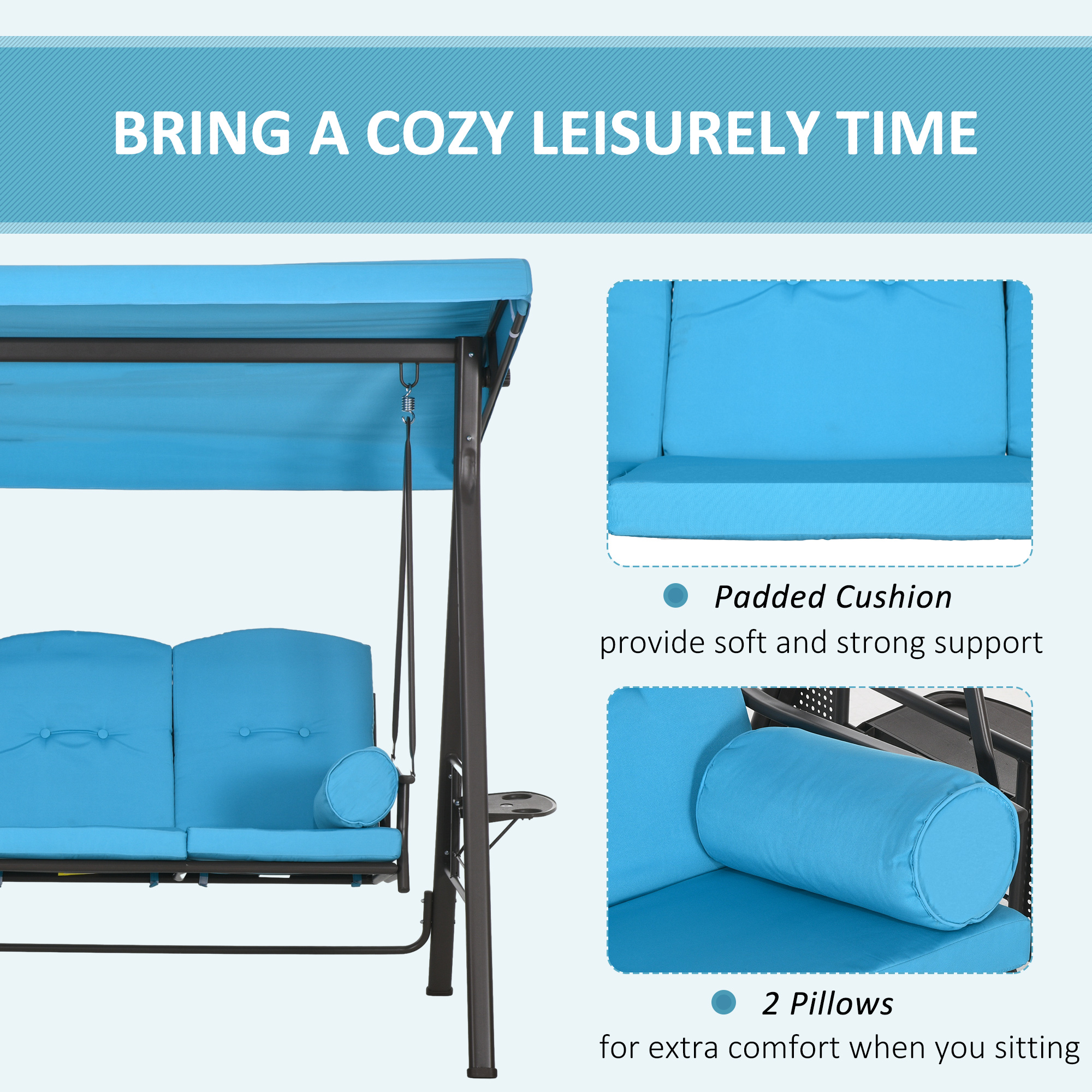 Outdoor Patio 3-Person Steel Canopy Cushioned Seat Bench Swing with Included Side Trays & Padded Comfort, Light Blue - Image 4