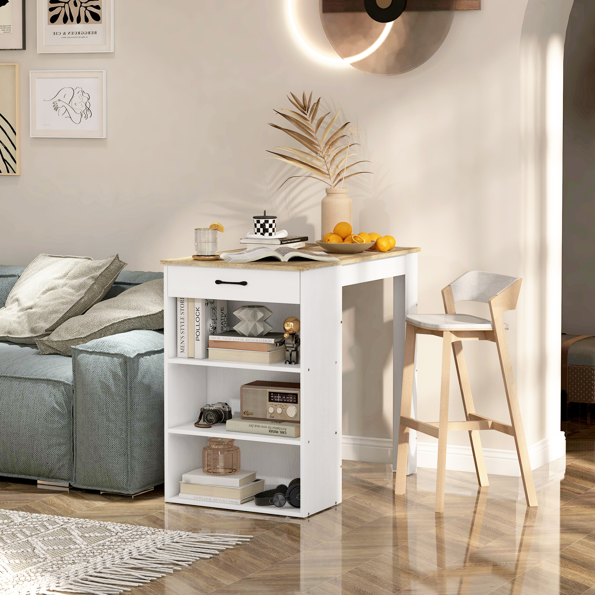 Bar Table with Drawer and 3 Storage Shelves, Bar Height Table, High Top Pub Table for Home Bar, Kitchen, Grey - Image 6