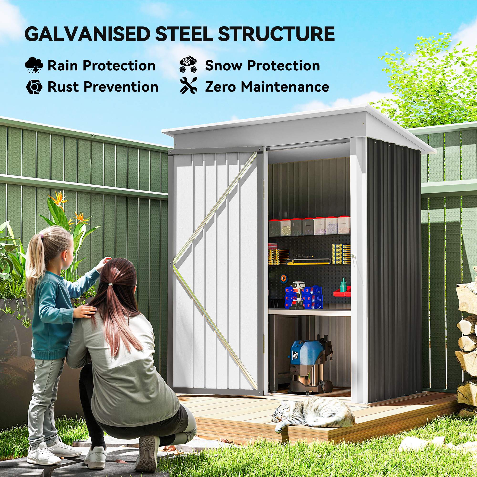 Outdoor Storage Shed, Steel Lean-to Shed with Adjustable Shelf, Lock, Gloves, 5'x3'x6', Dark Grey - Image 2