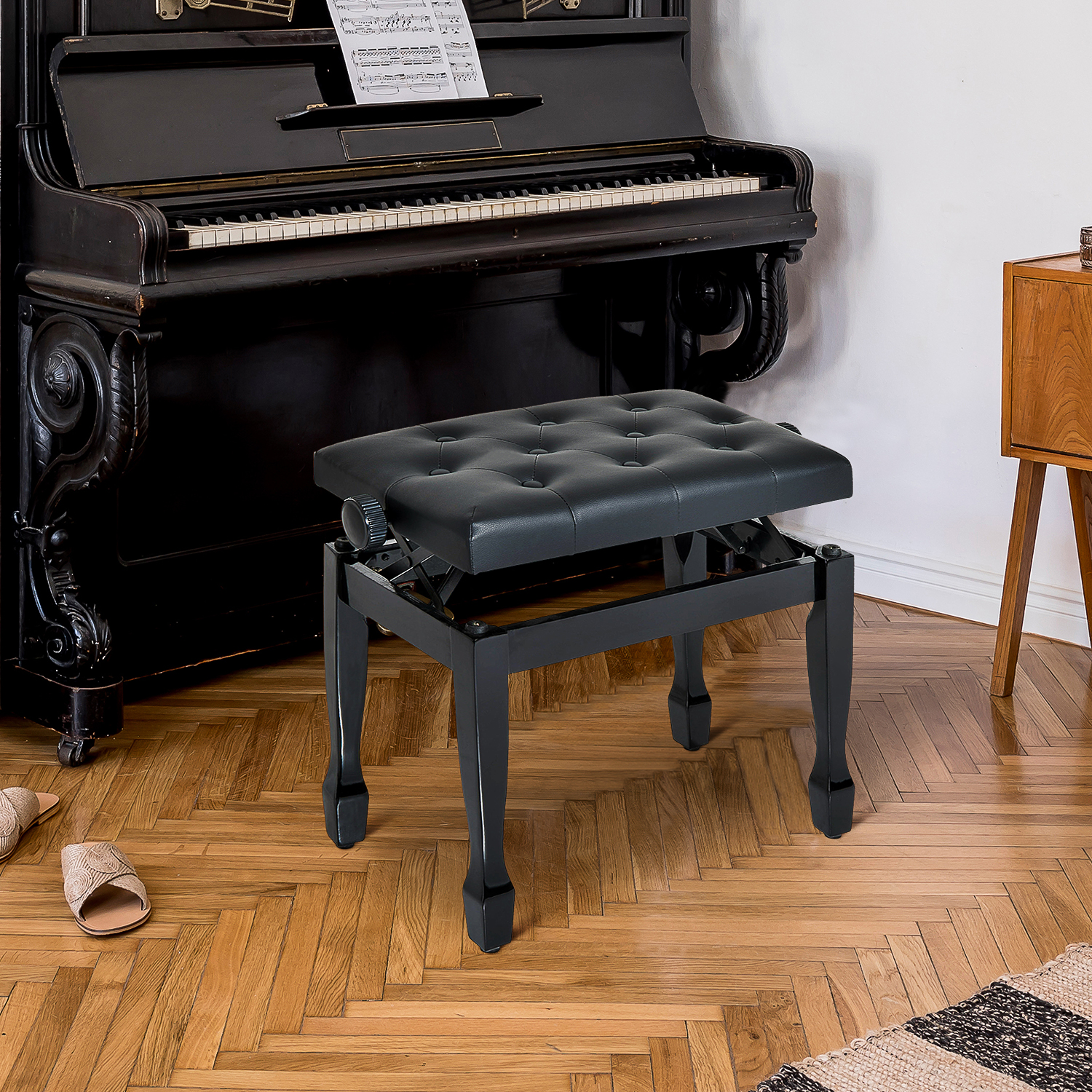25" Adjustable Height Piano Bench with Padded Cushion, Keyboard Seat with Solid Wood Legs, Black - Image 4