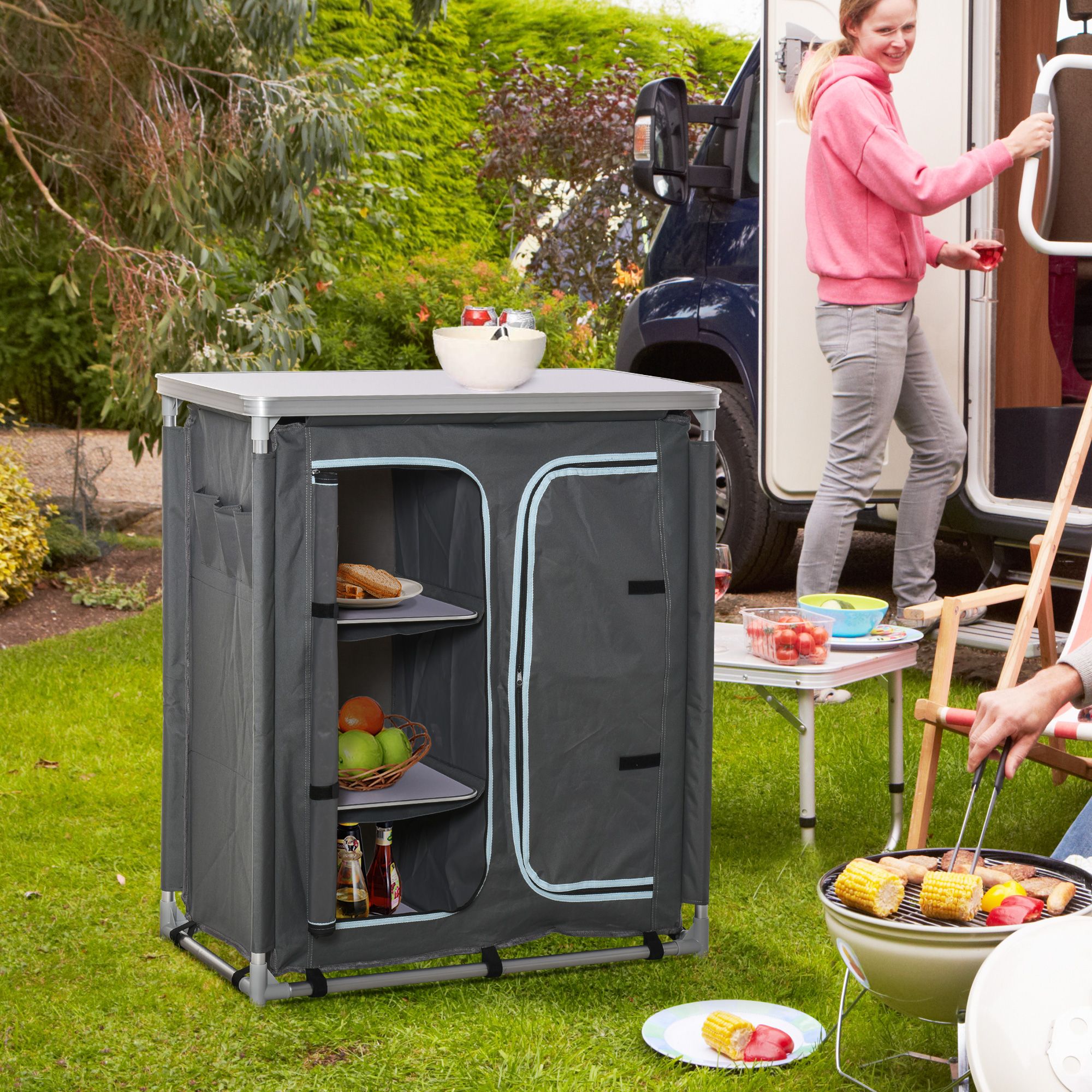 Aluminum Camping Table, Camping Kitchen Station Cook Cupborad with 3-Shelf, Storage Organiser for BBQ Party Picnic Grey - Image 6
