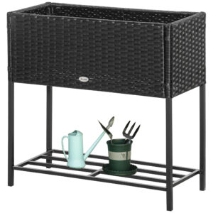 Rattan Raised Garden Boxes, Elevated Flower Beds with Storage Shelf for Herbs, Flowers, Vegetables, Black