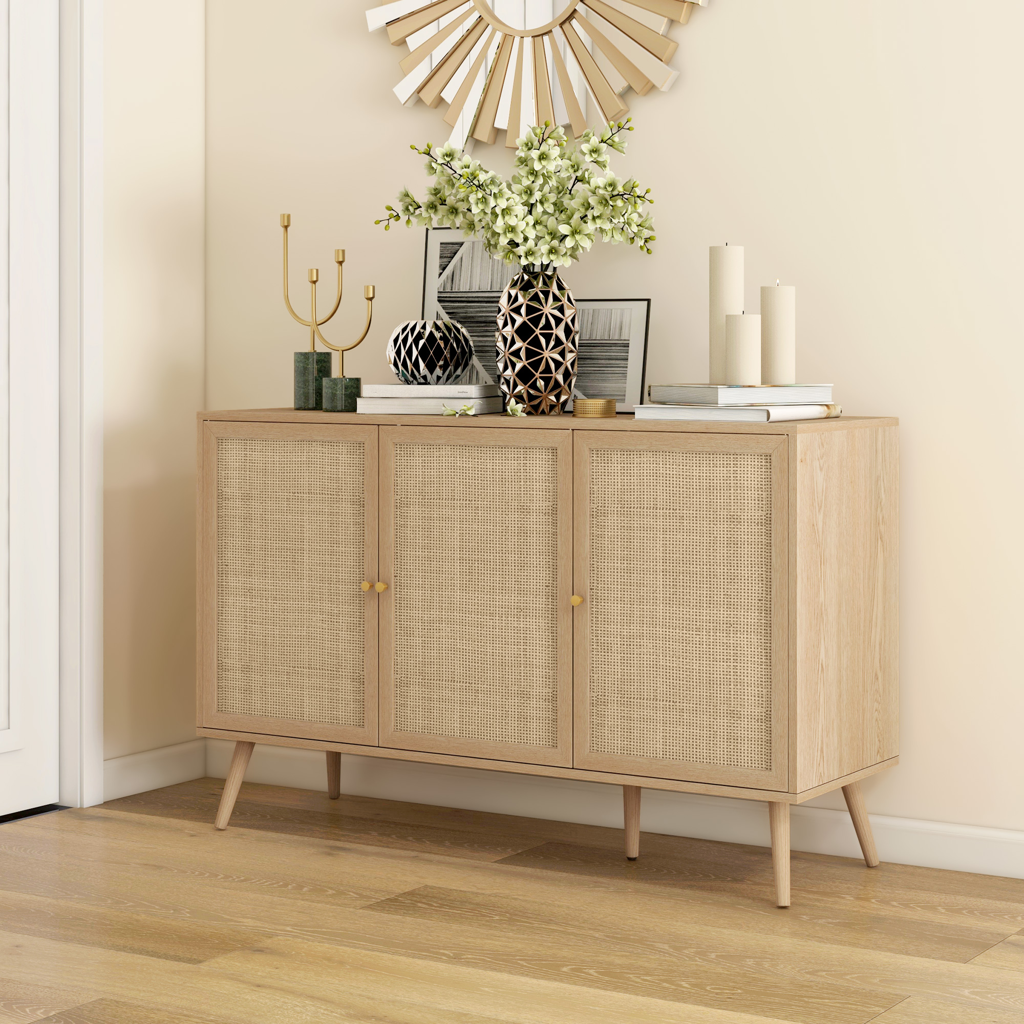 Kitchen Sideboard Cabinet, Boho Storage Cabinet with Shelves, Wood Legs, Decorative Rattan Doors, Natural - Image 6