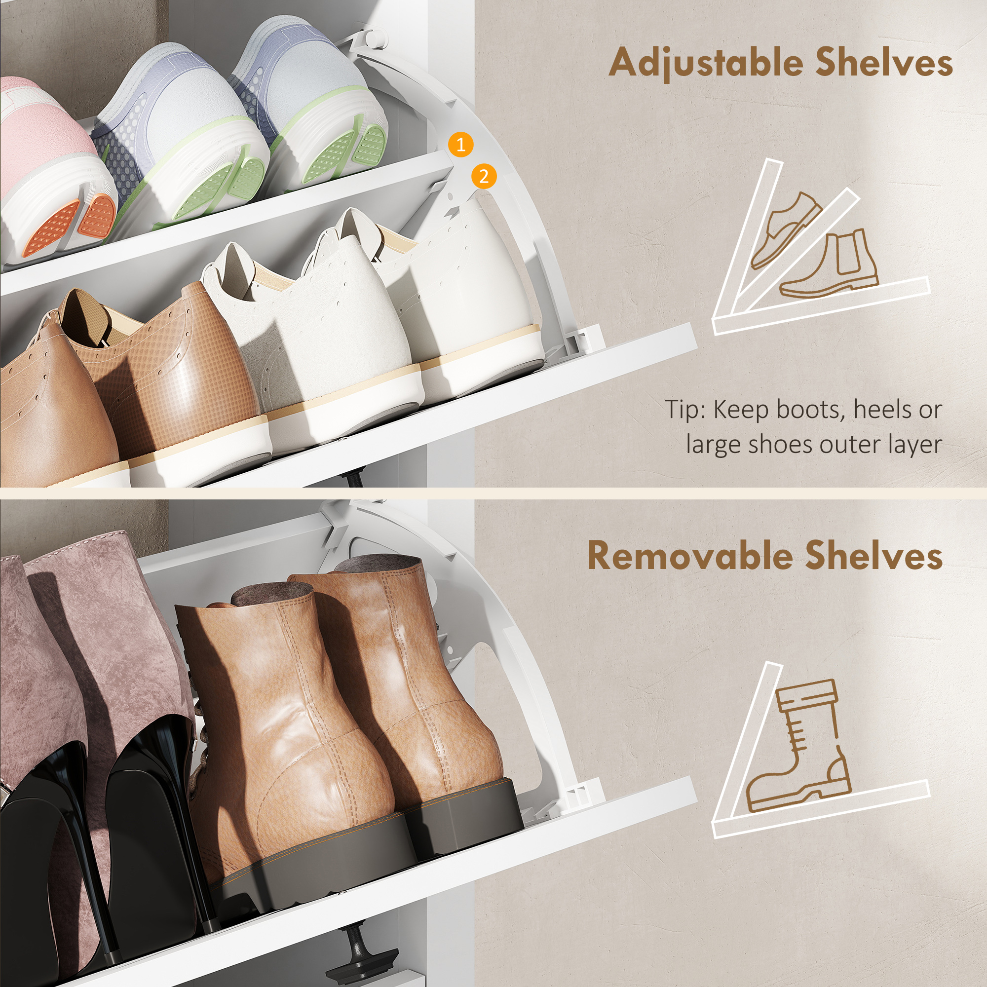 Slim Shoe Cabinet with 3 Flip Drawers, Shoe Storage Cabinet with Adjustable Shelves for Entryway, Holds 18 Pairs, White - Image 3