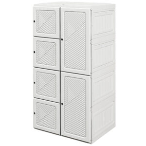Portable Wardrobe, Foldable Storage Organzier with 5 Compartments, 1 Hanging Rod, Magnet Doors, White