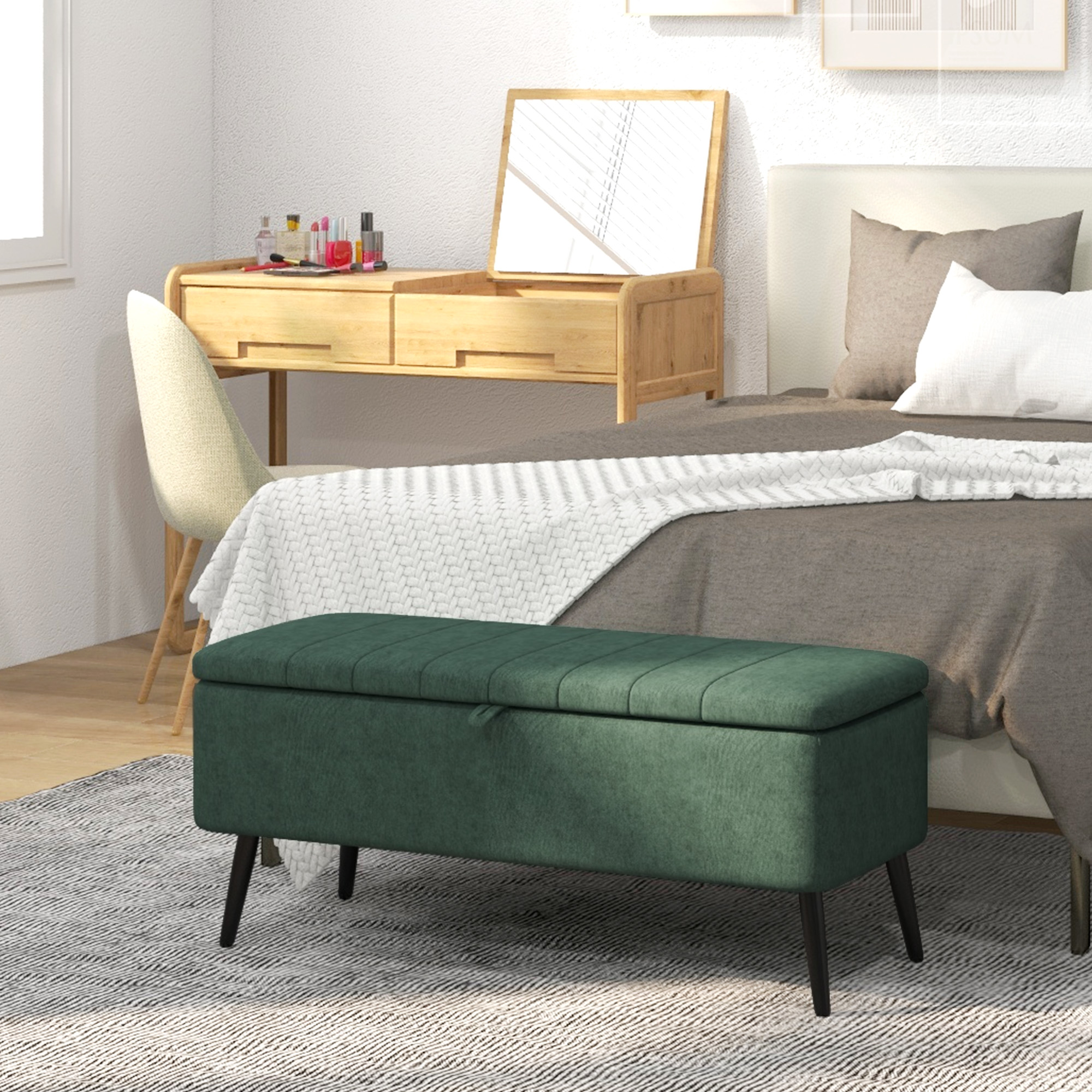 40" Ottoman with Storage, Linen Upholstered Storage Ottoman Bench with Steel Legs for Living Room, Bedroom Dark Green - Image 6