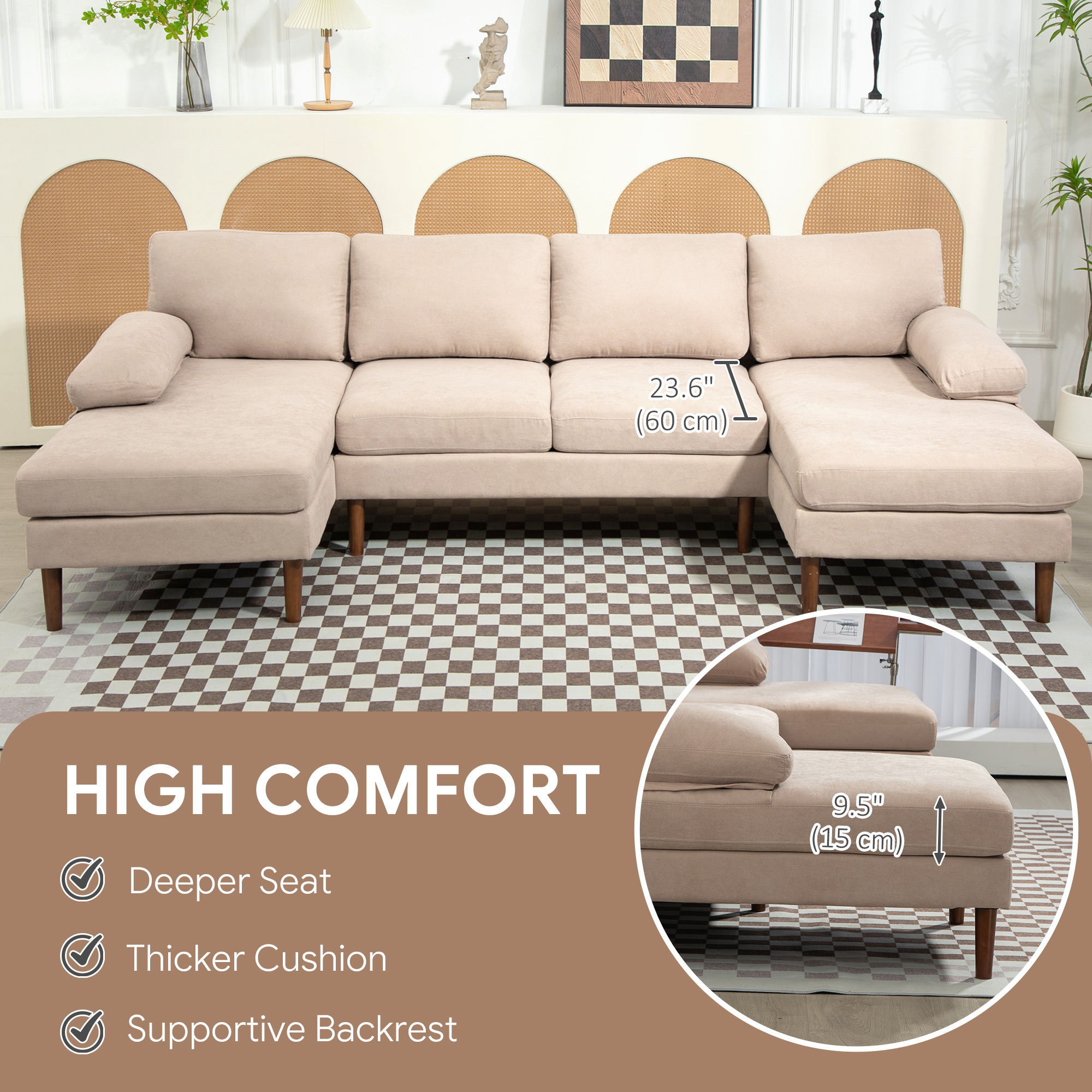U Shape Couch with Double Chaise Lounge, Modern 4 Seater Sofa with Wooden Legs, Fabric Sofa for Living Room, Beige - Image 3
