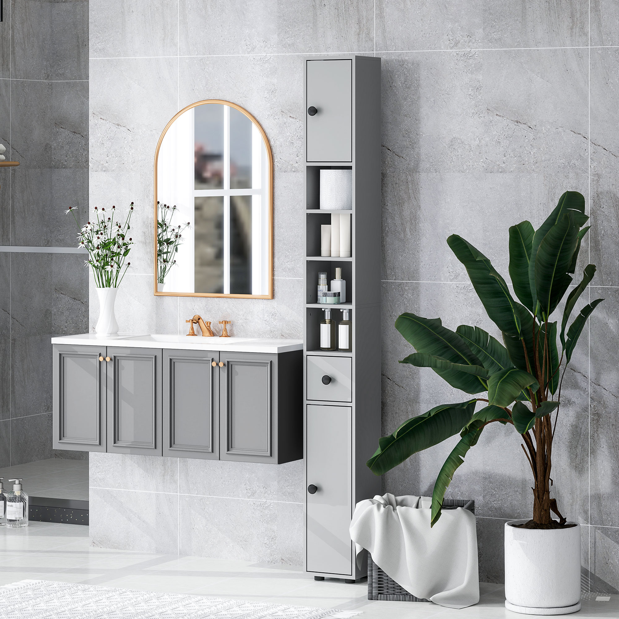 71" Tall Bathroom Cabinet, Narrow Toilet Paper Cabinet with Open Shelves, 2 Door Cabinets, Adjustable Shelves, Grey - Image 5
