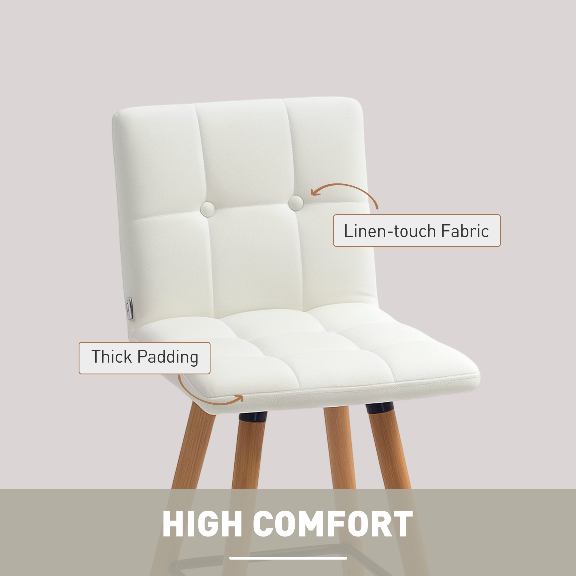 Modern Bar Stools Set of 2, 38" Upholstered Kitchen Island Stool with Solid Wood Legs, White - Image 3