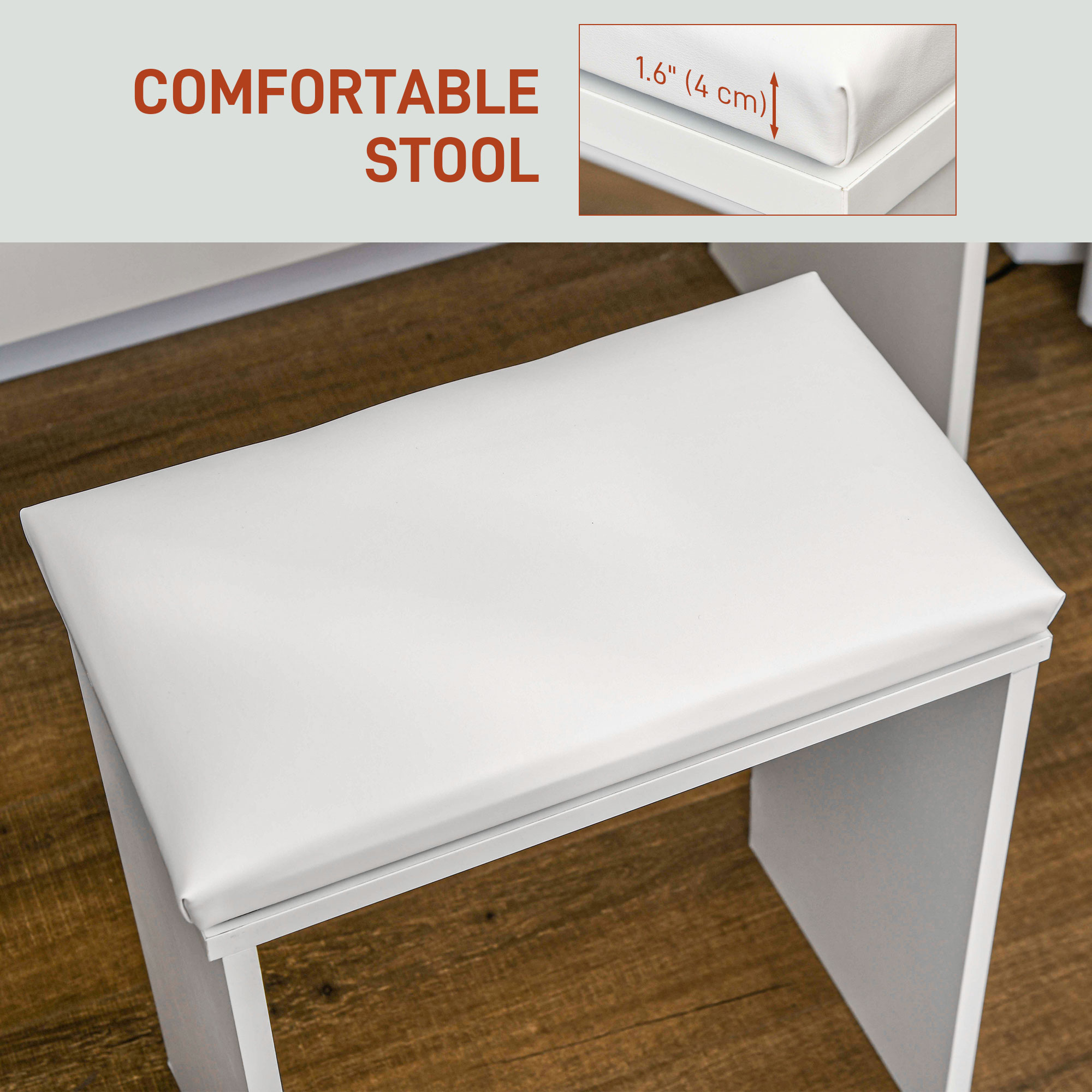 Makeup Vanity Desk Set with Stool, Dressing Table with LED Lighting Mirror, Drawers, for Bedroom, White - Image 4