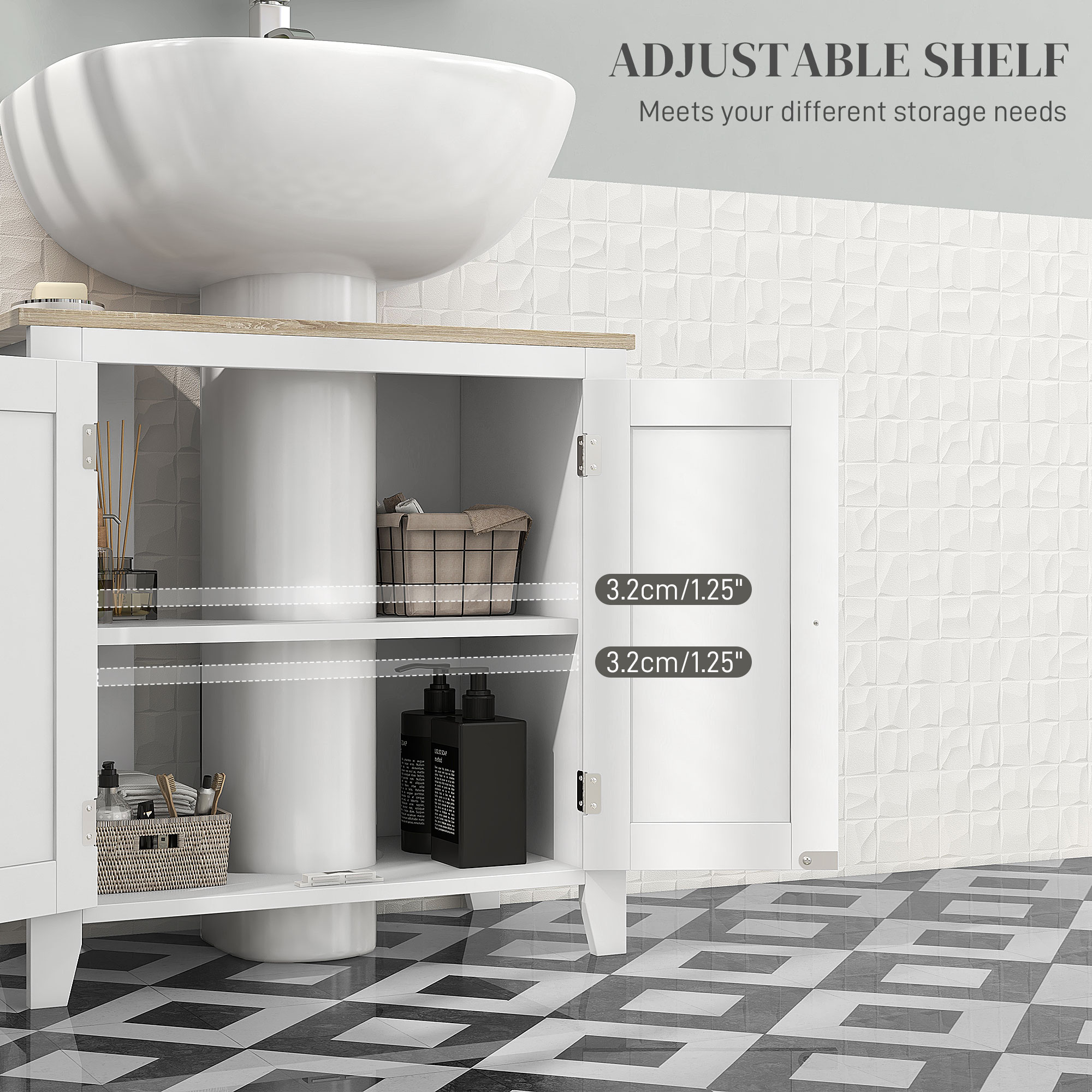 Bathroom Sink Vanity Unit, Under Sink Bathroom Cabinet with U-Shape Design and Adjustable Shelf, White - Image 3