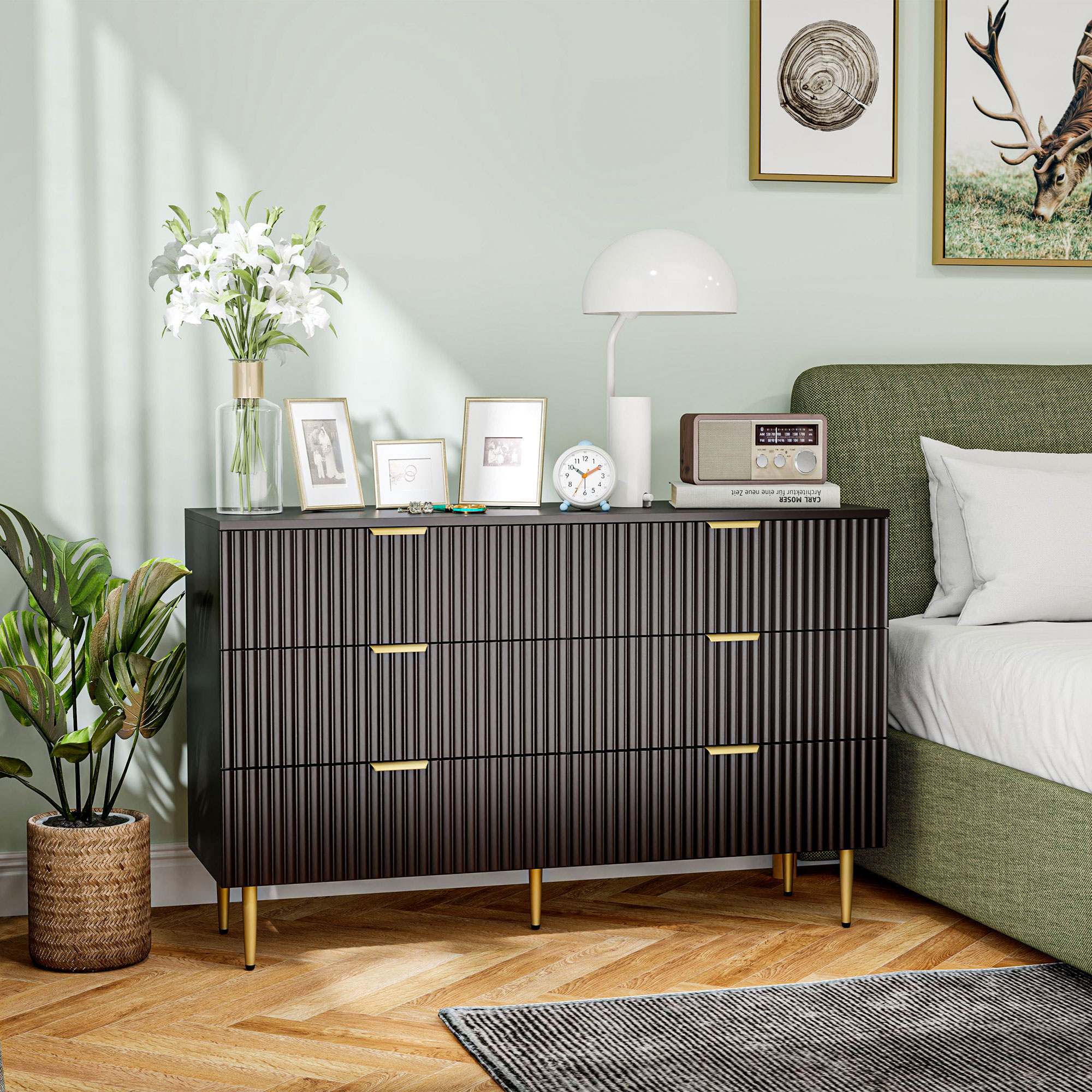 Modern Chest of Drawers 6 Drawer Dresser for Bedroom with Gold Legs and Handles, Black - Image 5