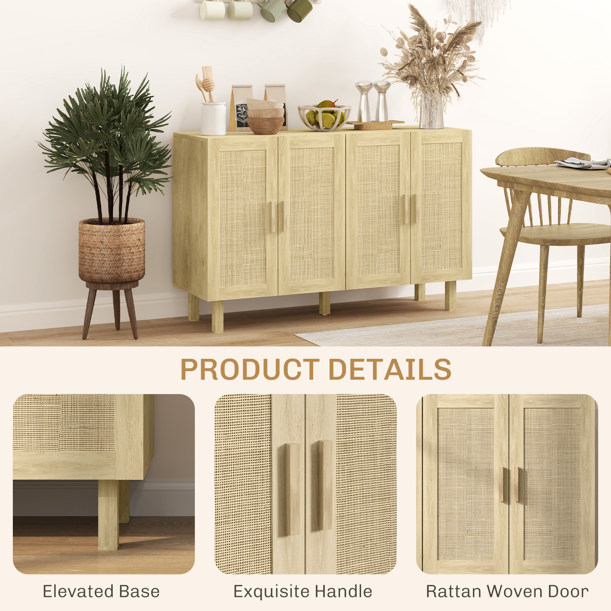 Boho Sideboard Buffet Cabinet, Storage Cabinet with 4 Rattan Doors and Adjustable Shelves, Natural - Image 4