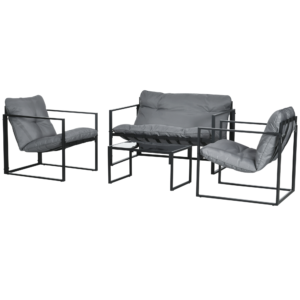 4 Piece Outdoor Furniture Set, Patio Conversation Set with Tempered Glass Table, Loveseat, 2 Chairs and Cushions, Grey