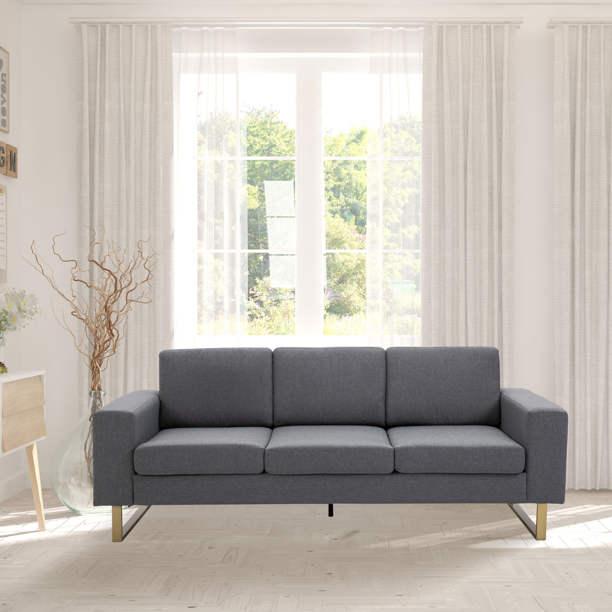 3 Seater Sofa, Linen Upholstered Cozy Padded Couch with Steel Leg, Backrest and Wide Armrest, for Living room, Bedroom, Dark Grey - Image 5