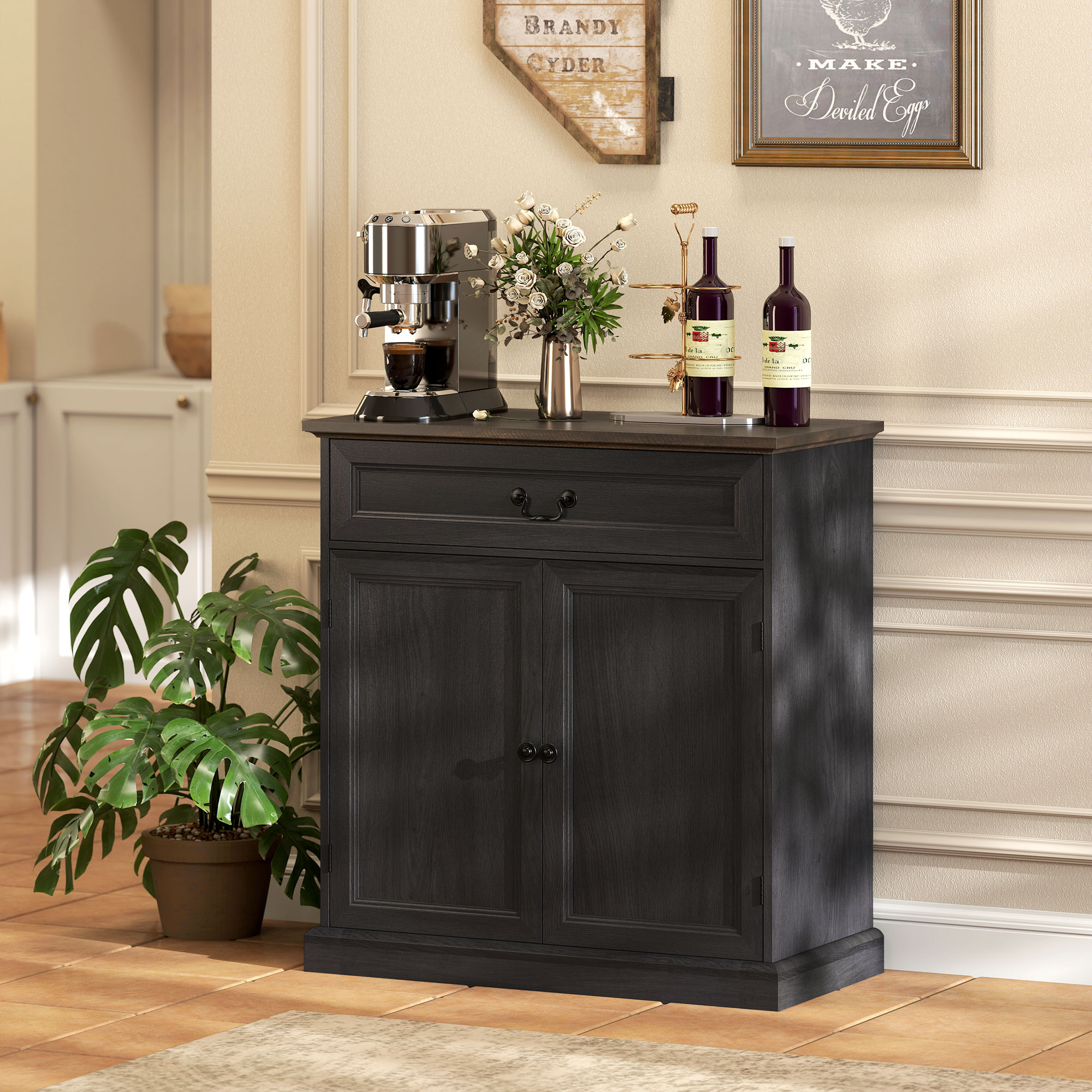 Buffet Cabinet, 32" Farmhouse Sideboard with Thick Top, Quiet Drawer and Adjustable Shelf, Black Wood Grain - Image 6