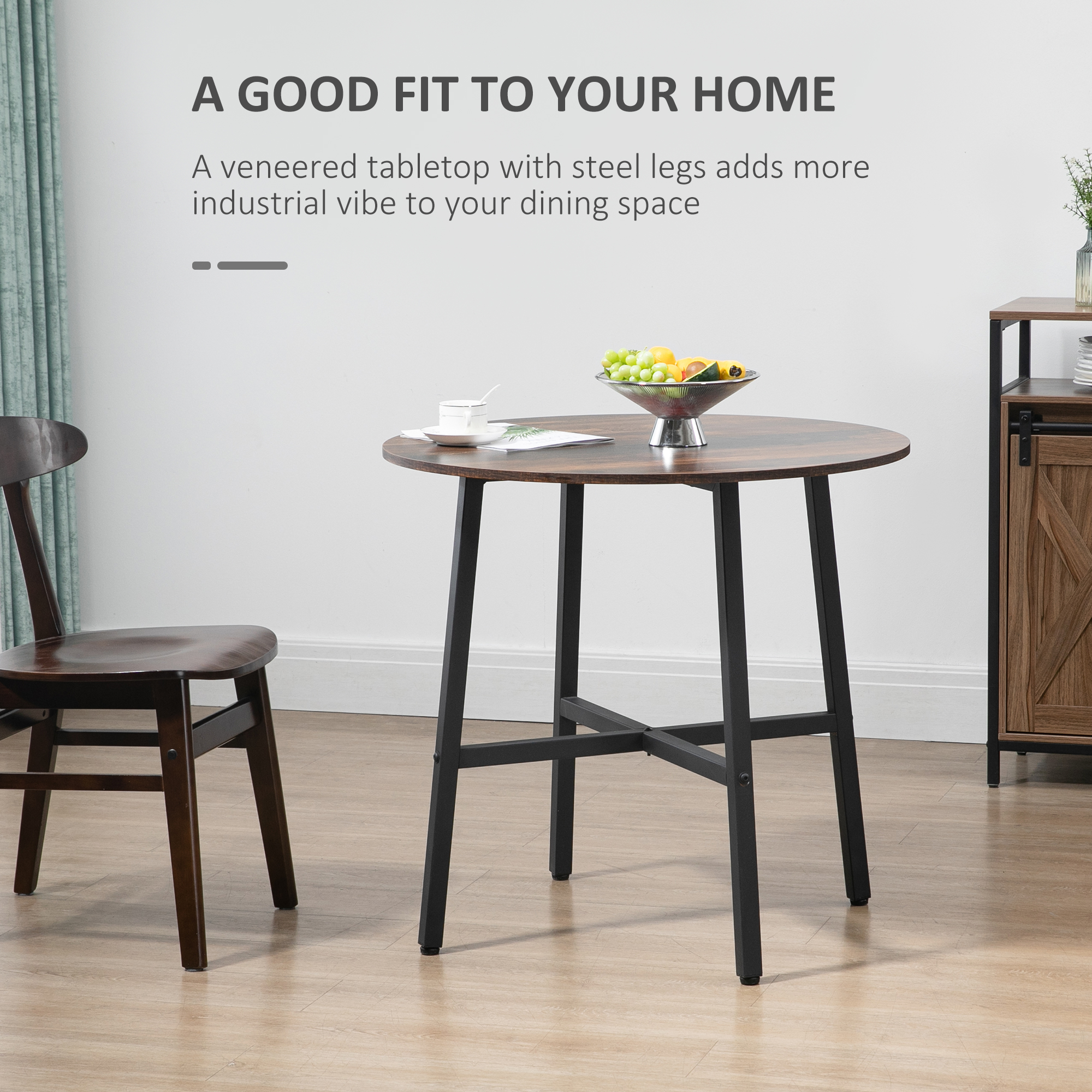 Ф31.5" Dining Room Table, Industrial Style Kitchen Table Round with Steel Legs, Rustic Brown - Image 2