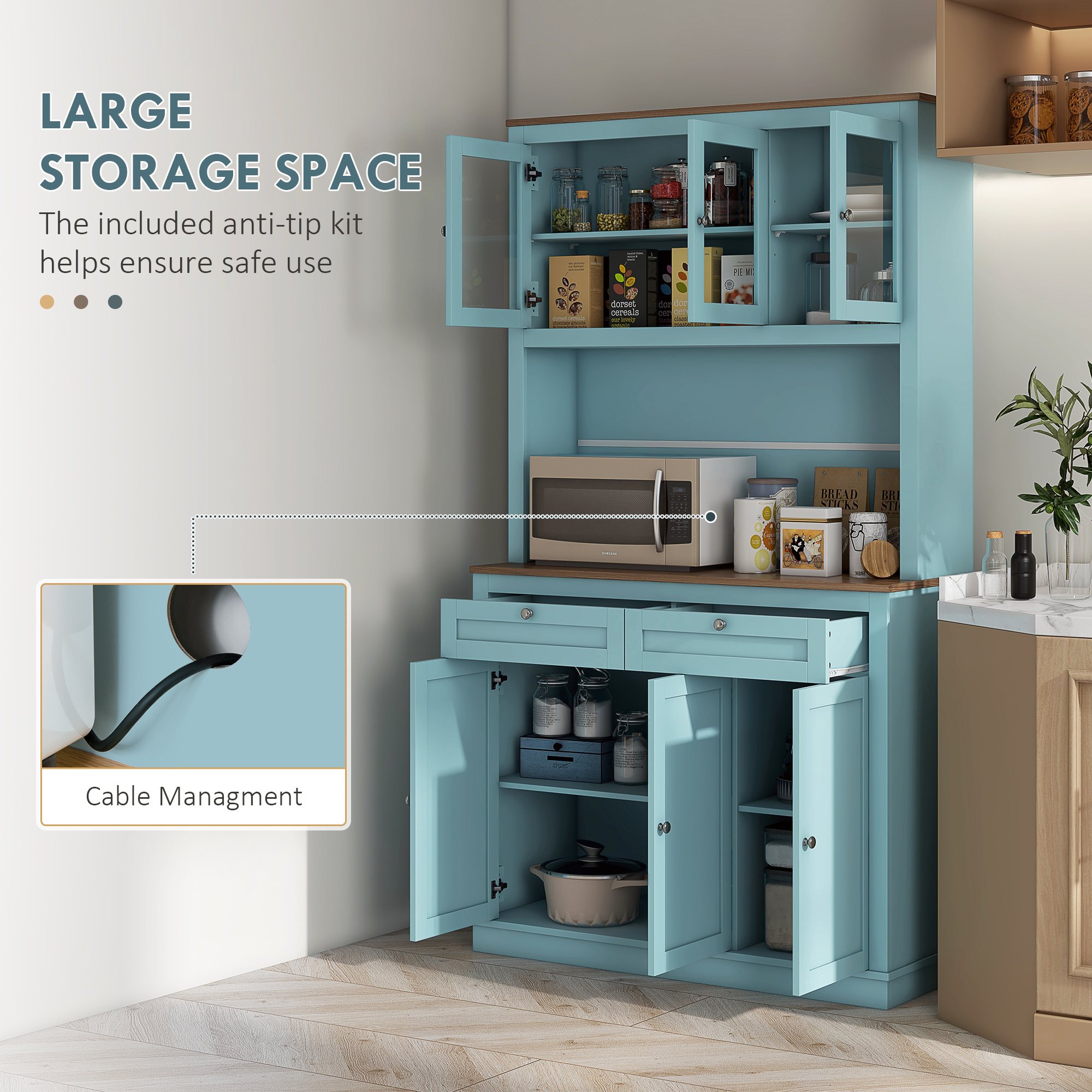 71" Pantry Cabinet with Microwave Space, Buffet with Hutch, 2 Drawers, Adjustable Shelves and Glass Doors, Blue - Image 2
