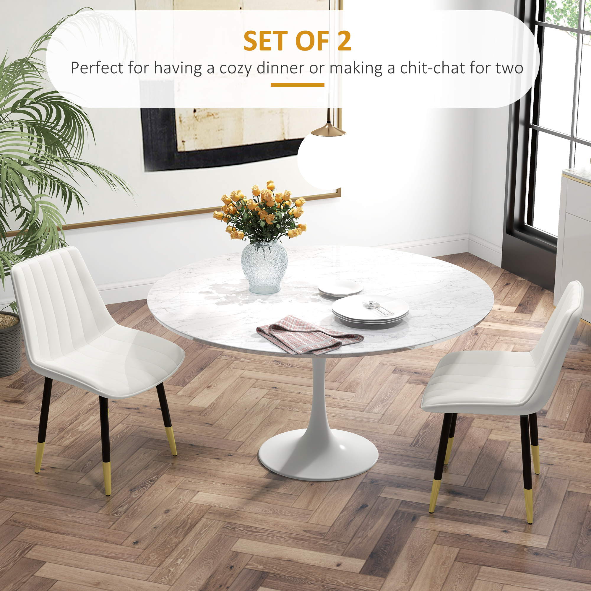 Dining Chairs Set of 2, Modern Kitchen Chair with PU Leather Upholstery and Steel Legs for Living Room, Bedroom, Cream - Image 2
