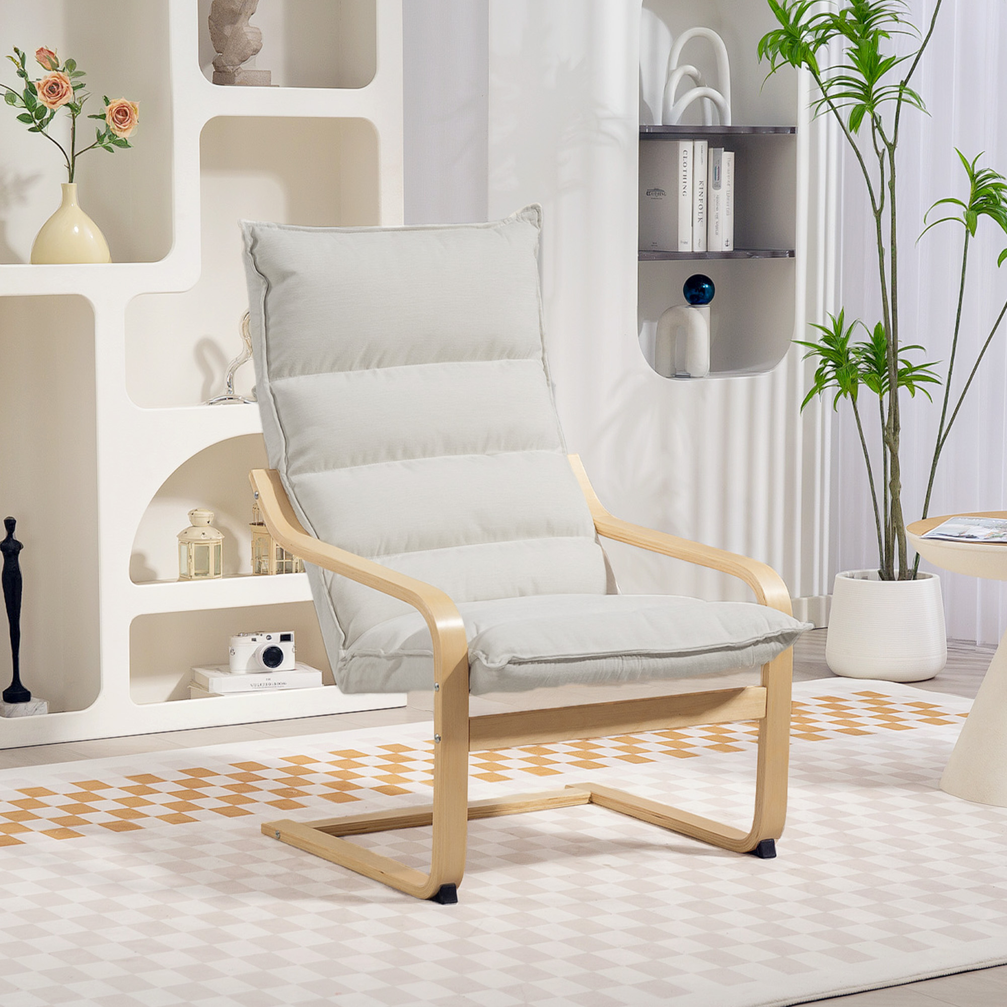 Birch Wood Fabric Modern Armchair, Accent Chair with Curved Leg and Arm for Living Room, Cream White - Image 6