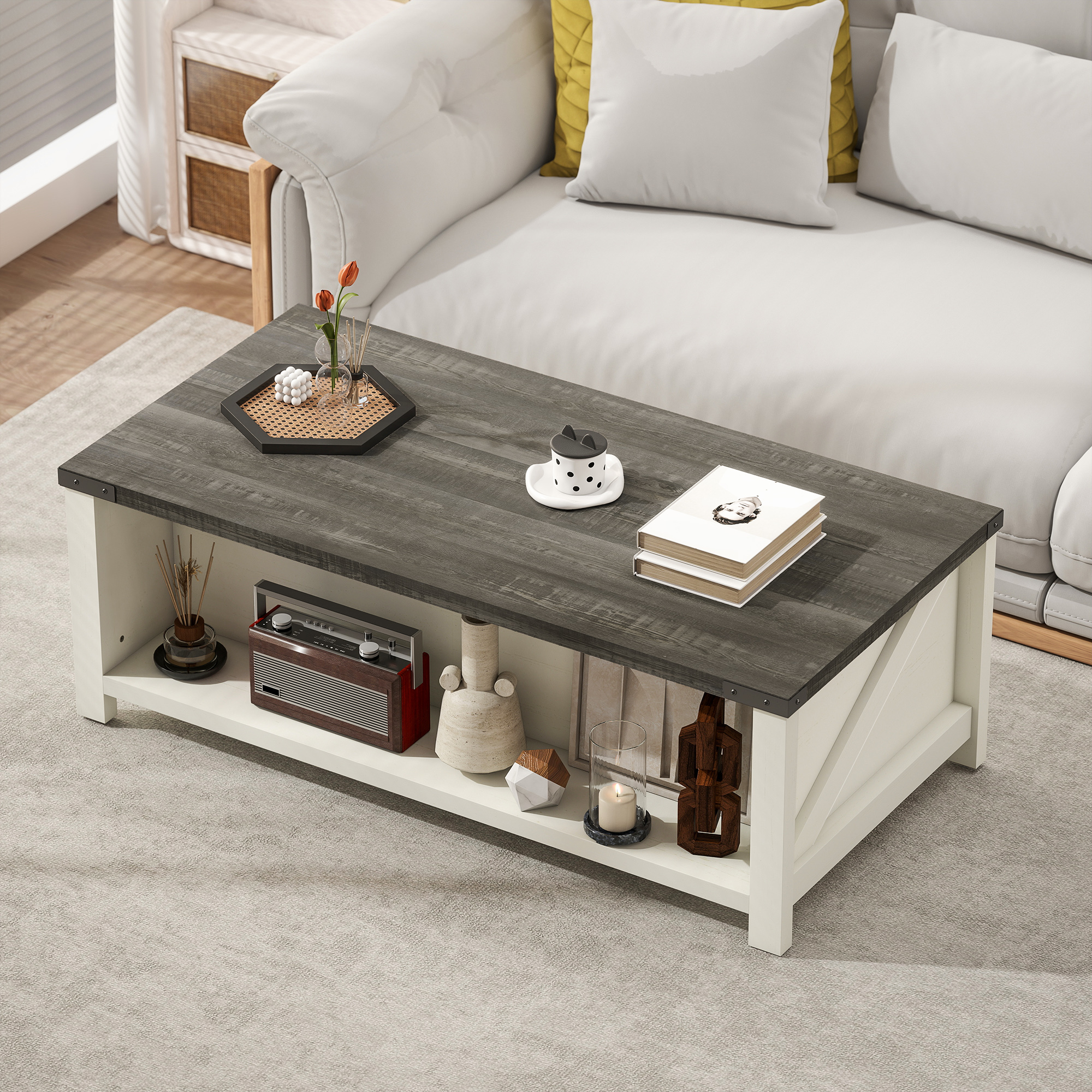 Farmhouse Coffee Table with Drawer, Open Storage Shelf for Living Room, Dining Room, Office, Distressed White - Image 5