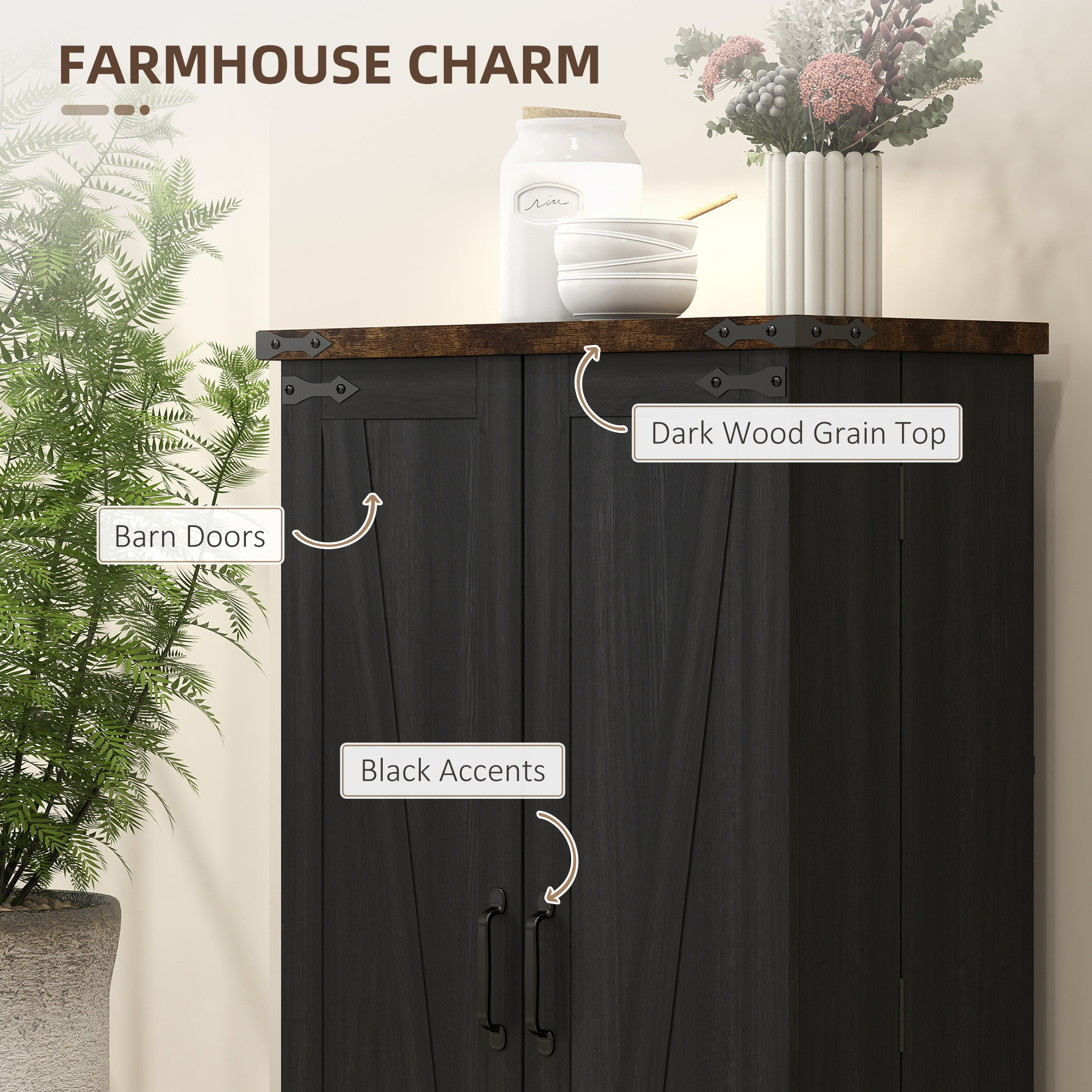 Farmhouse Kitchen Pantry Storage Cabinet, Kitchen Pantry Cabinet with Doors and Adjustable Shelves, Black - Image 5