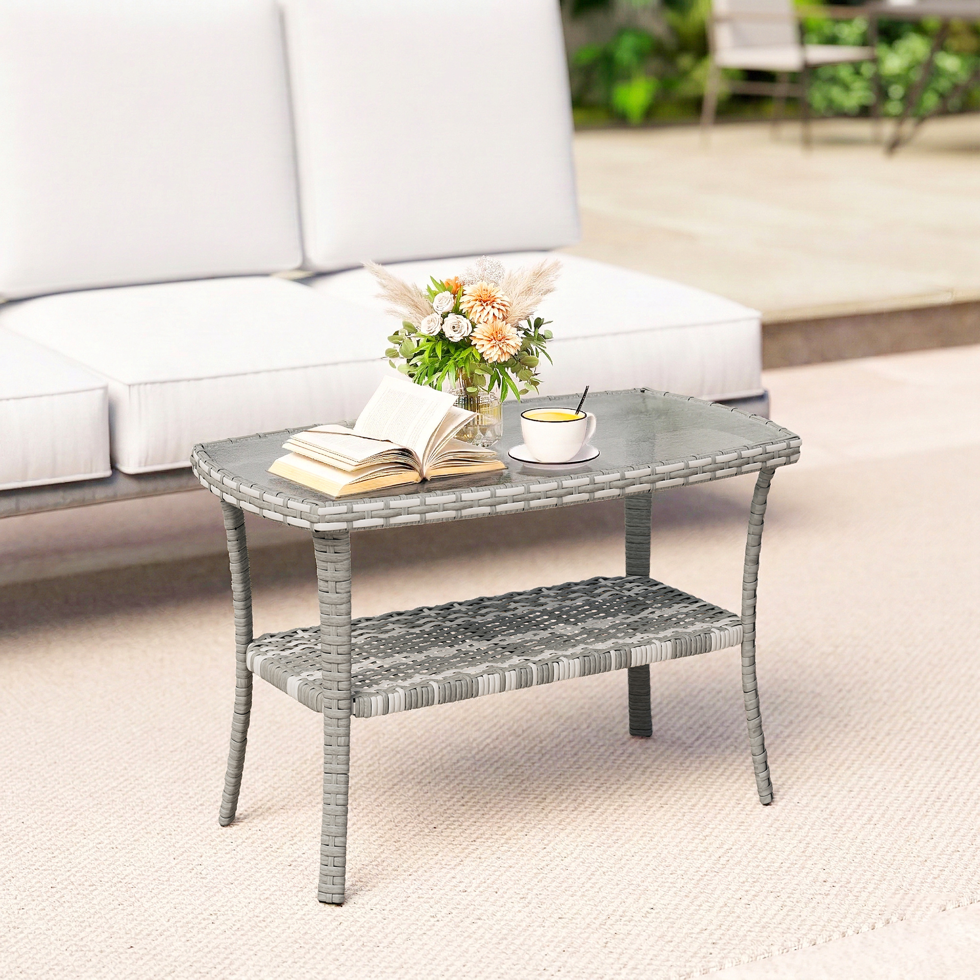 Outdoor Coffee Table with Storage Shelf, PE Wicker Patio Table with Glass Top for Garden, Backyard, Dark Grey - Image 6