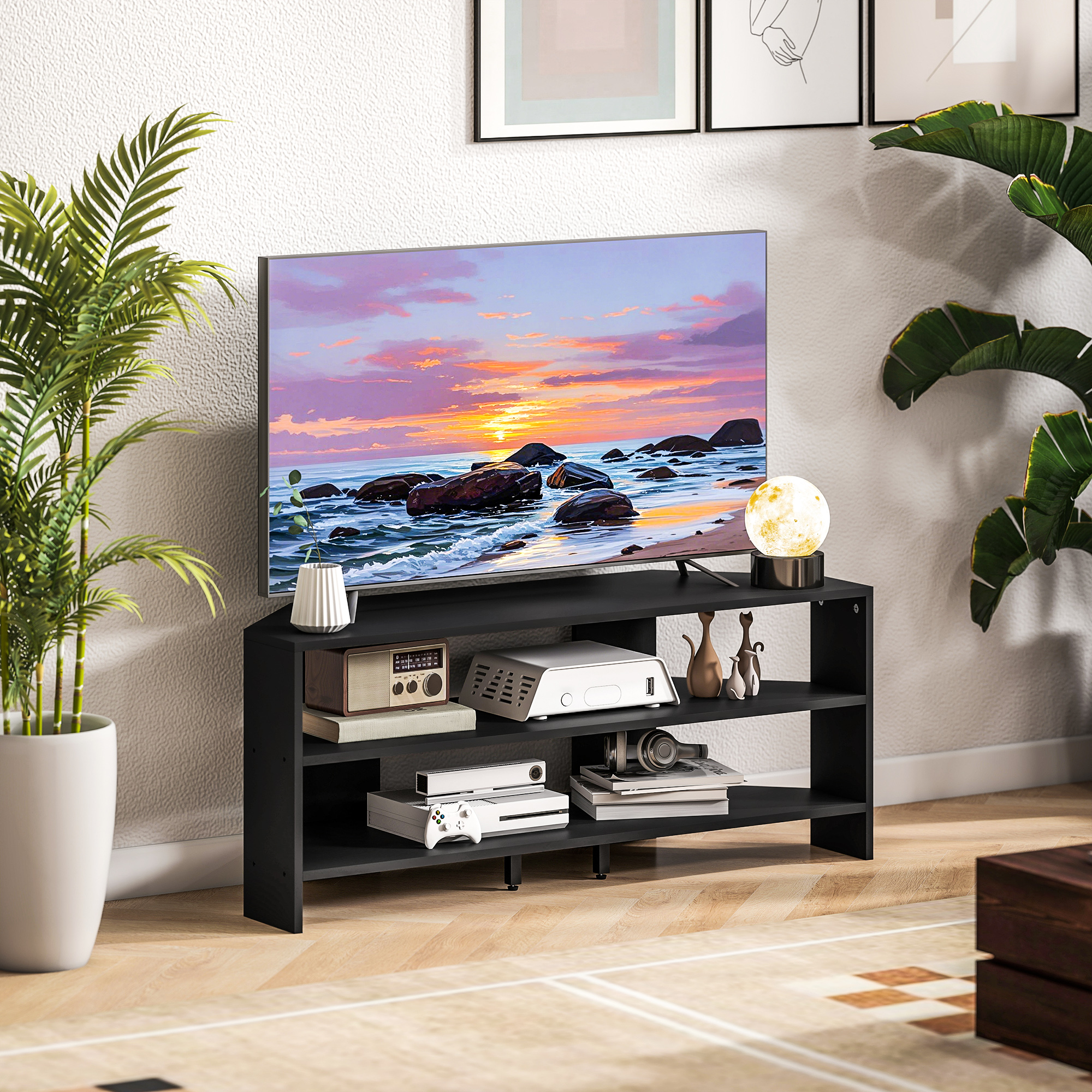 Corner TV Stand, Modern TV Table with 2 Open Shelves for 47 Inch TV, Entertainment Center for Living Room, Black - Image 4