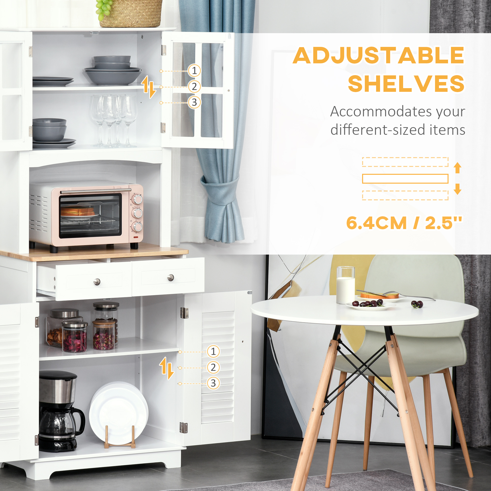 Coastal Style Kitchen Buffet and Hutch Wooden Storage Cupboard with Framed Glass Door LouveredCabinet Drawers Microwave Space for Dining Room Living Room White - Image 4