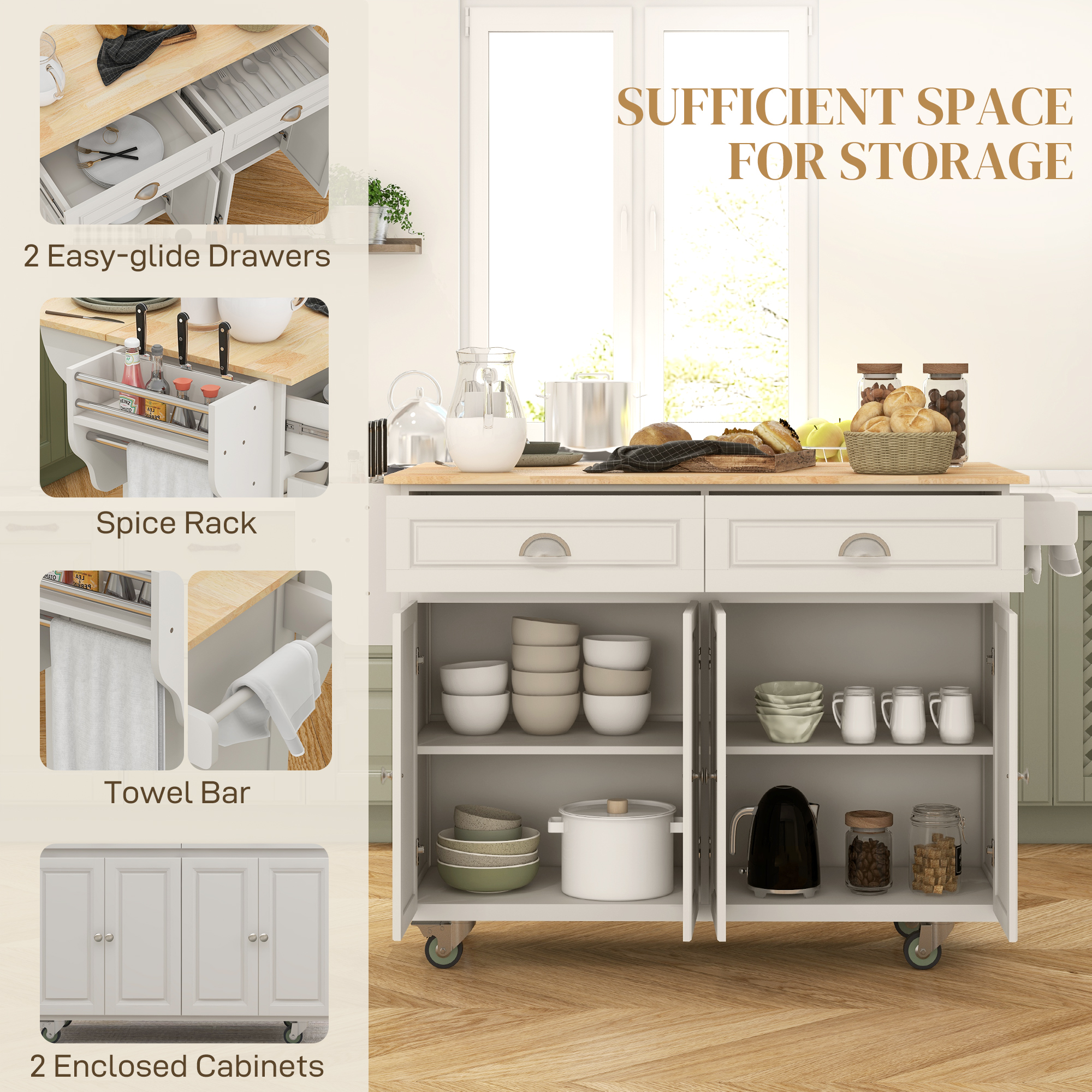 Kitchen Island with Storage, Rolling Kitchen Island with Drop Leaf, Rubber Wood Top and Adjustable Shelves, Cream White - Image 3
