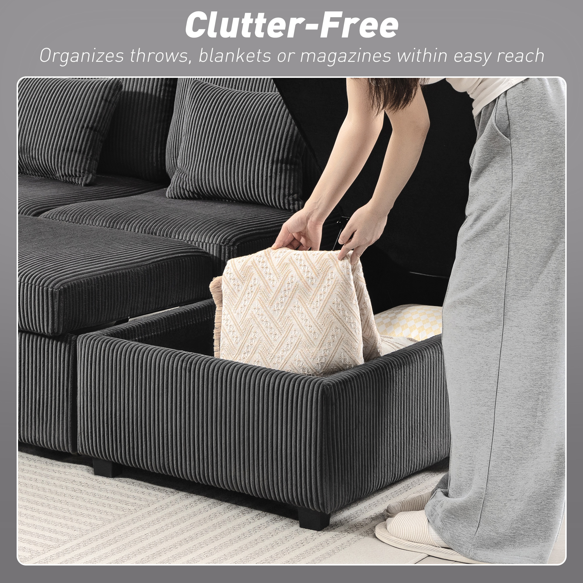 Convertible Sofa Bed, Corduroy U-Shaped Sleeper Sofa Couch with Storage Chaise, Pillows, Spring, Futon Couch, Grey - Image 4