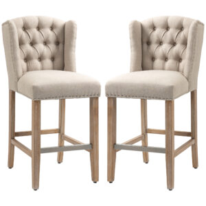 Counter Height Bar Stools Set of 2, Upholstered Bar Chairs with Nailhead Backrest and Footrest, Modern Barstools for Kitchen, Dining Room, Beige