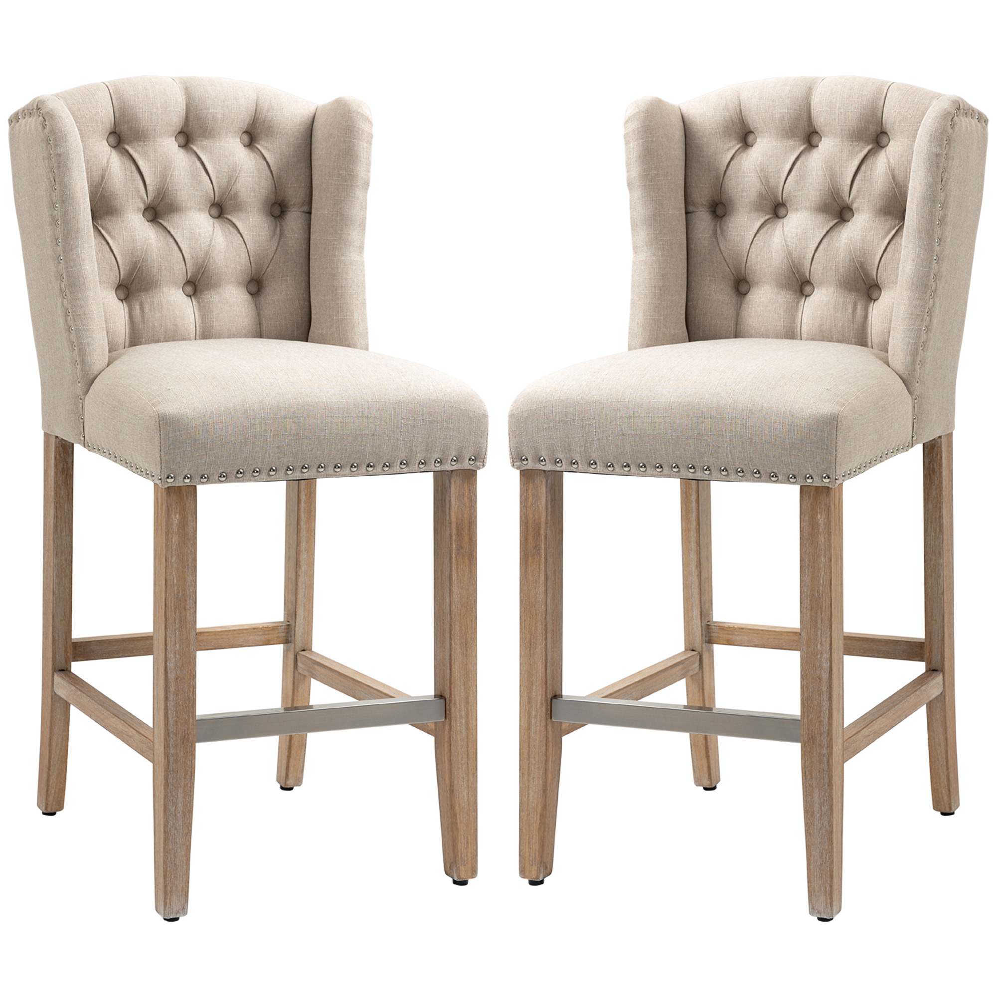 Counter Height Bar Stools Set of 2, Upholstered Bar Chairs with Nailhead Backrest and Footrest, Modern Barstools for Kitchen, Dining Room, Beige